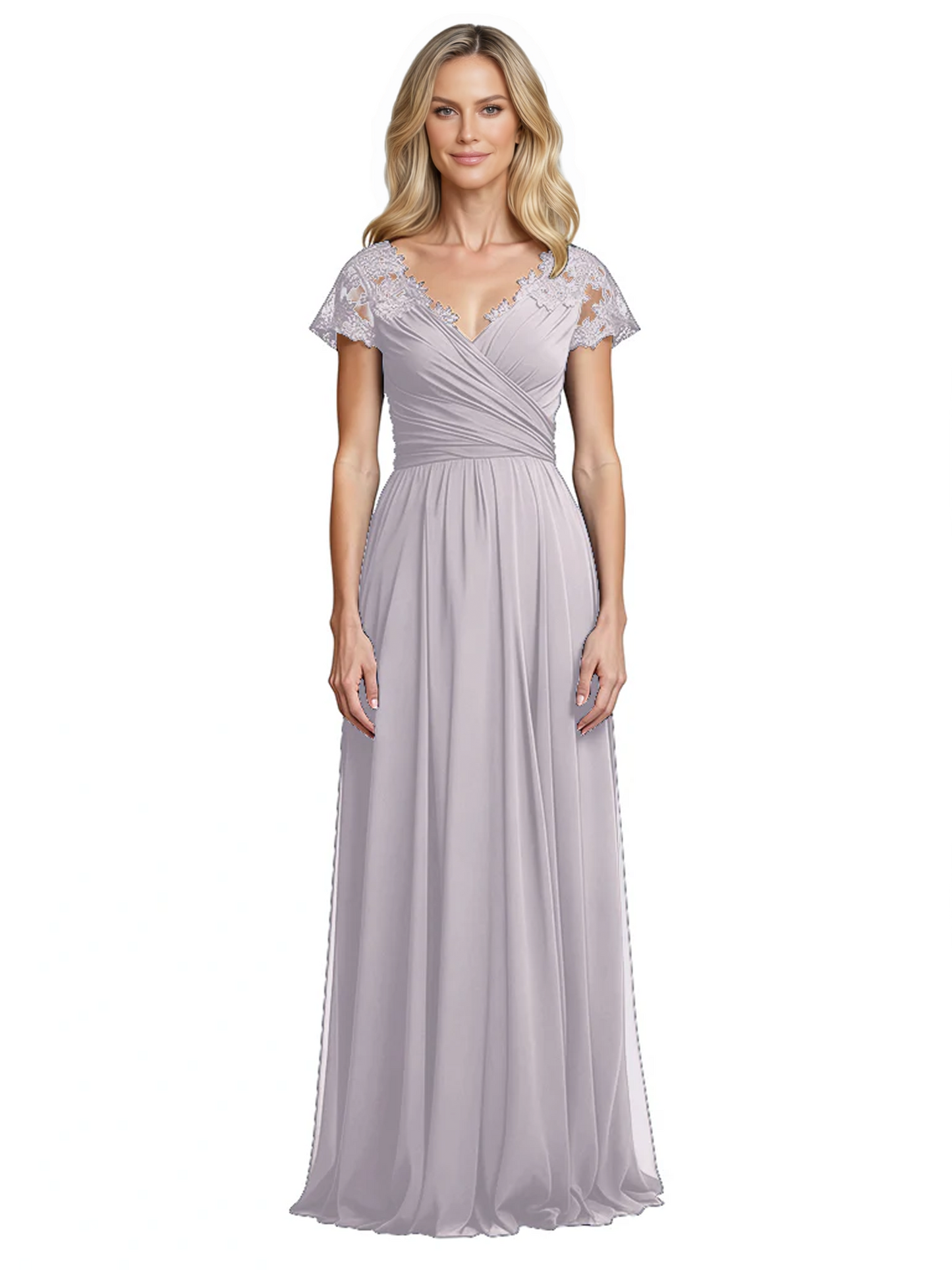 Mother of the Bride Dress Cap Sleeves and V-Neckline with Embroidered Lace Shoulders