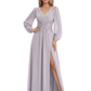 A-Line Mother of Bride Dress V-Neck Chiffon Gown Long Sleeves Slit Formal Dress