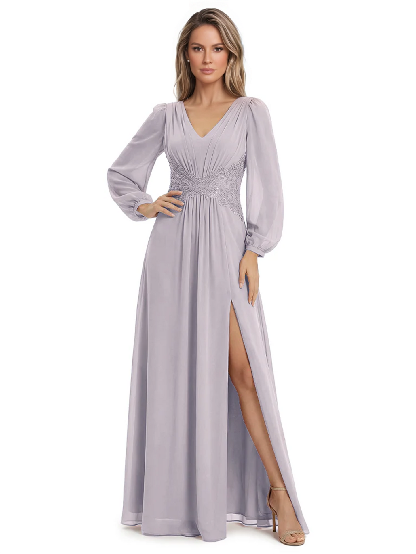 A-Line Mother of Bride Dress V-Neck Chiffon Gown Long Sleeves Slit Formal Dress