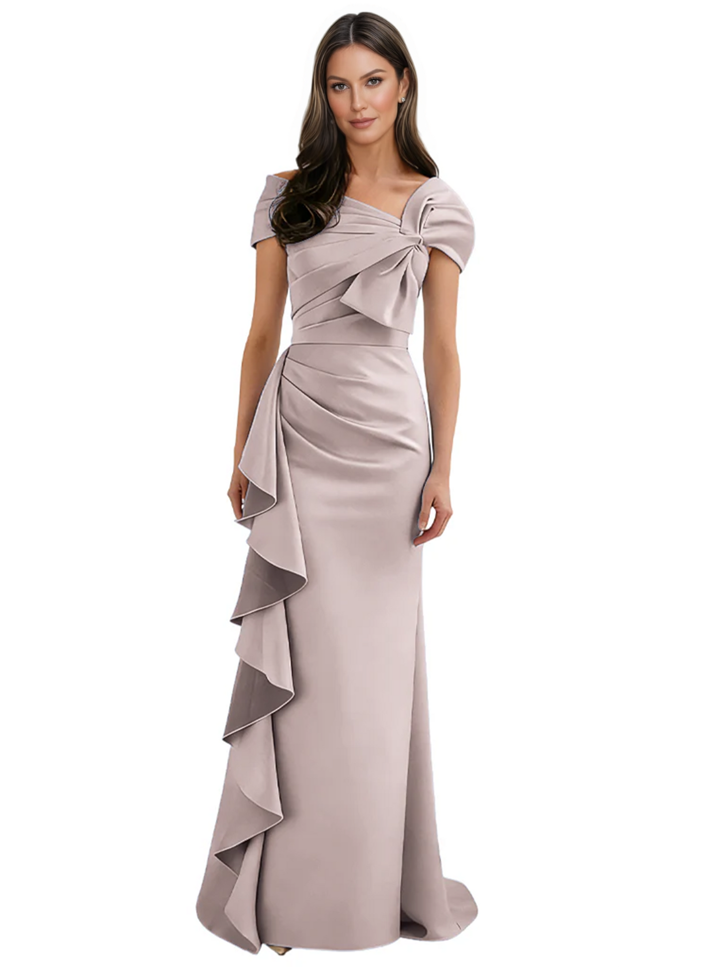 Elegant Mother of Bride Dress Formal Gowns Mermaid Ruffle Floor Length Asymmetric Neckline