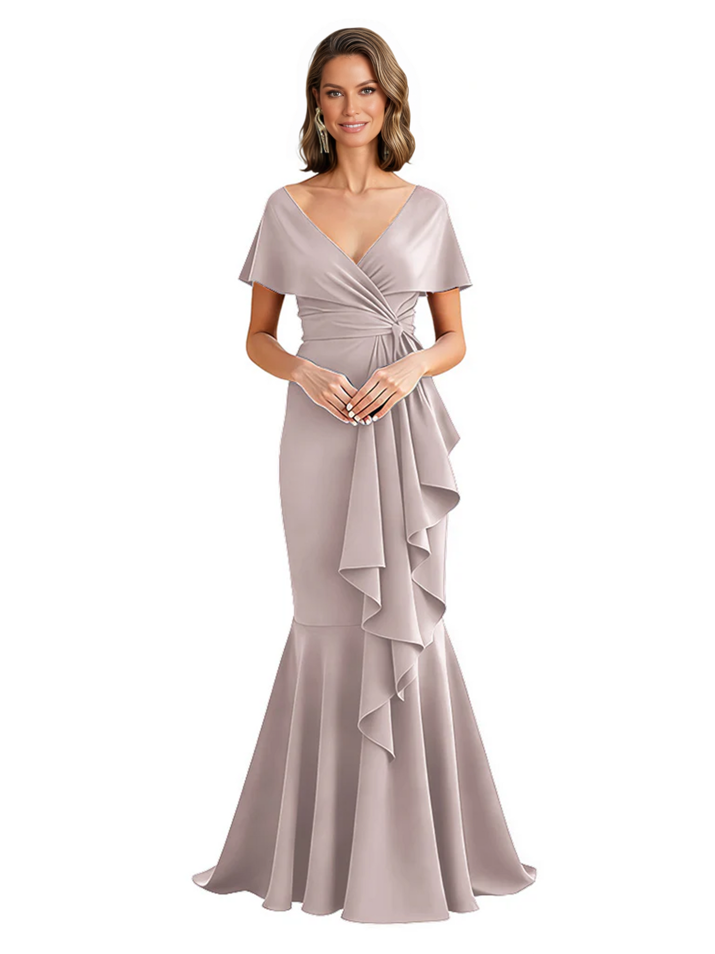 Satin Mother of the Bride Dress with Cascading Ruffles and Mermaid Tail V-Neck
