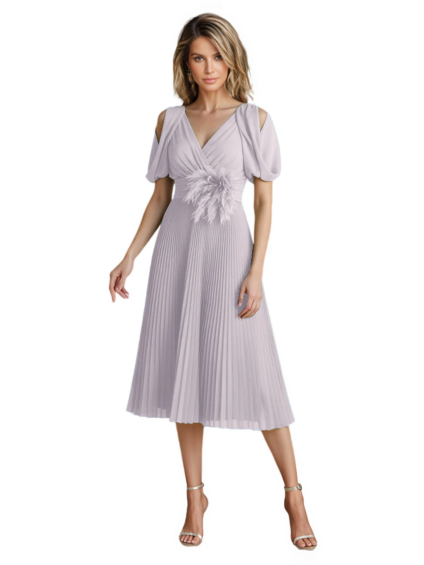 Wedding Formal Dress V-Neck Pleated Chiffon Gown with 3D Flower Accent Knee Length
