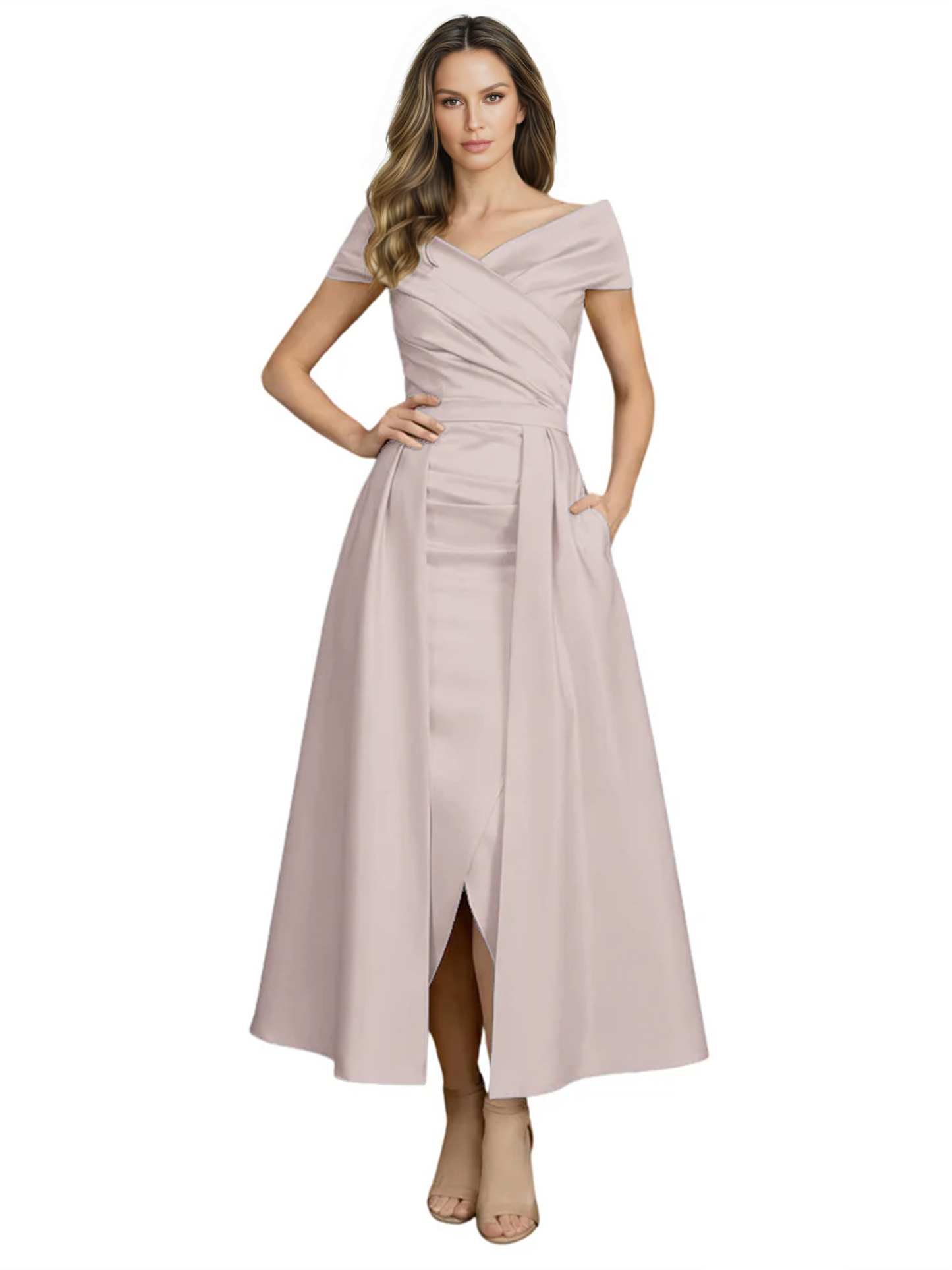 Formal Floor-Length Mother of the Bride Gown Satin Maxi Dress with Slit Off Shoulder