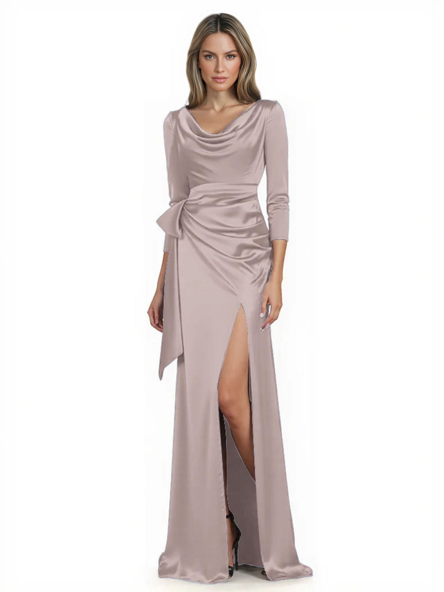 Elegant Evening Gowns Slit Trending Styles Satin Slit Formal Dress Cowl Neckline Gown Tie