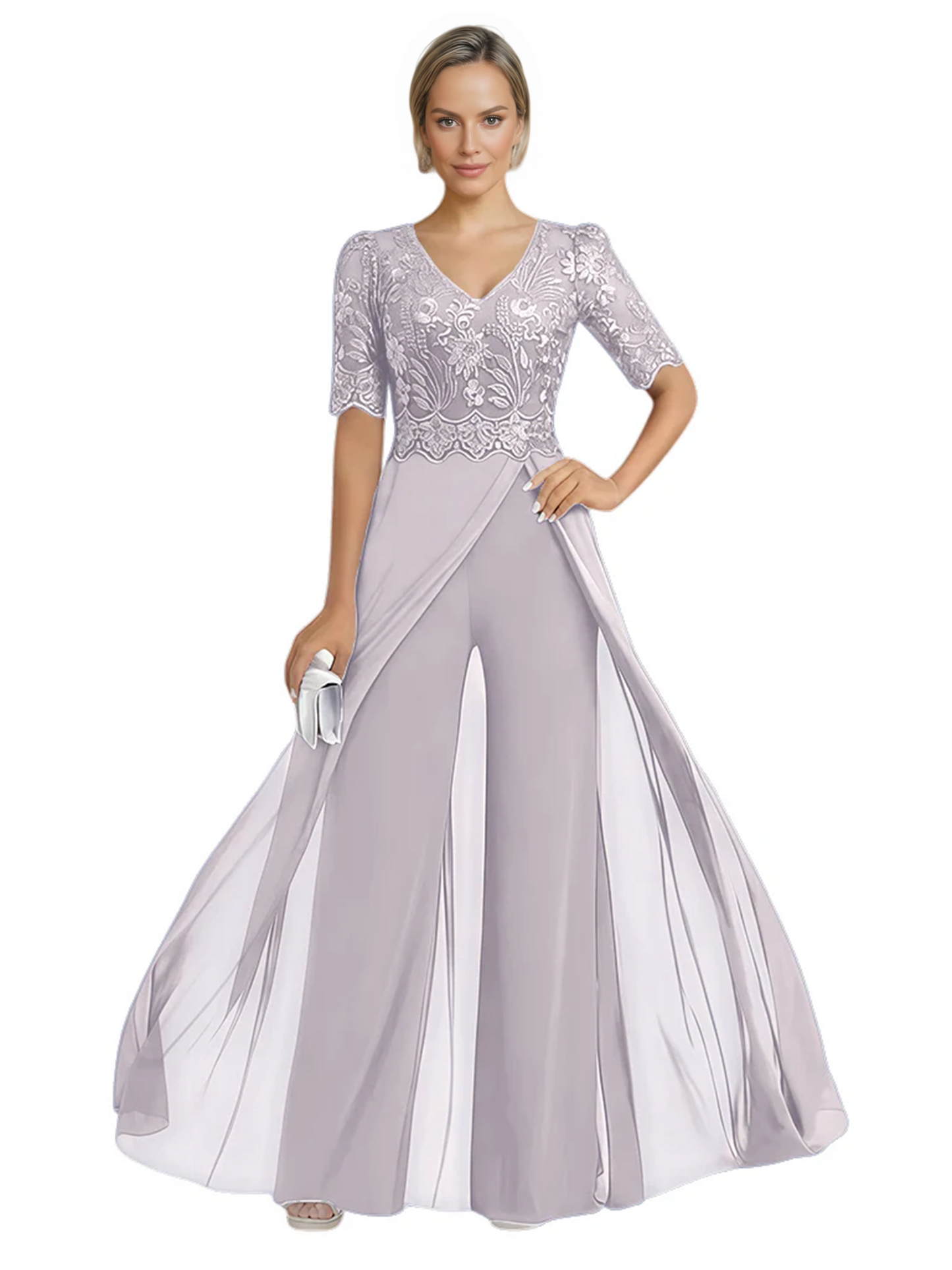 V-Neck Chiffon Mother of the Brides Jumpsuits Dresses Floor Length A-Line Lace