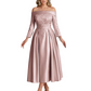 Off Shoulder Mother of the Bride Dress Tea-Length Satin Gown with Lace Applique