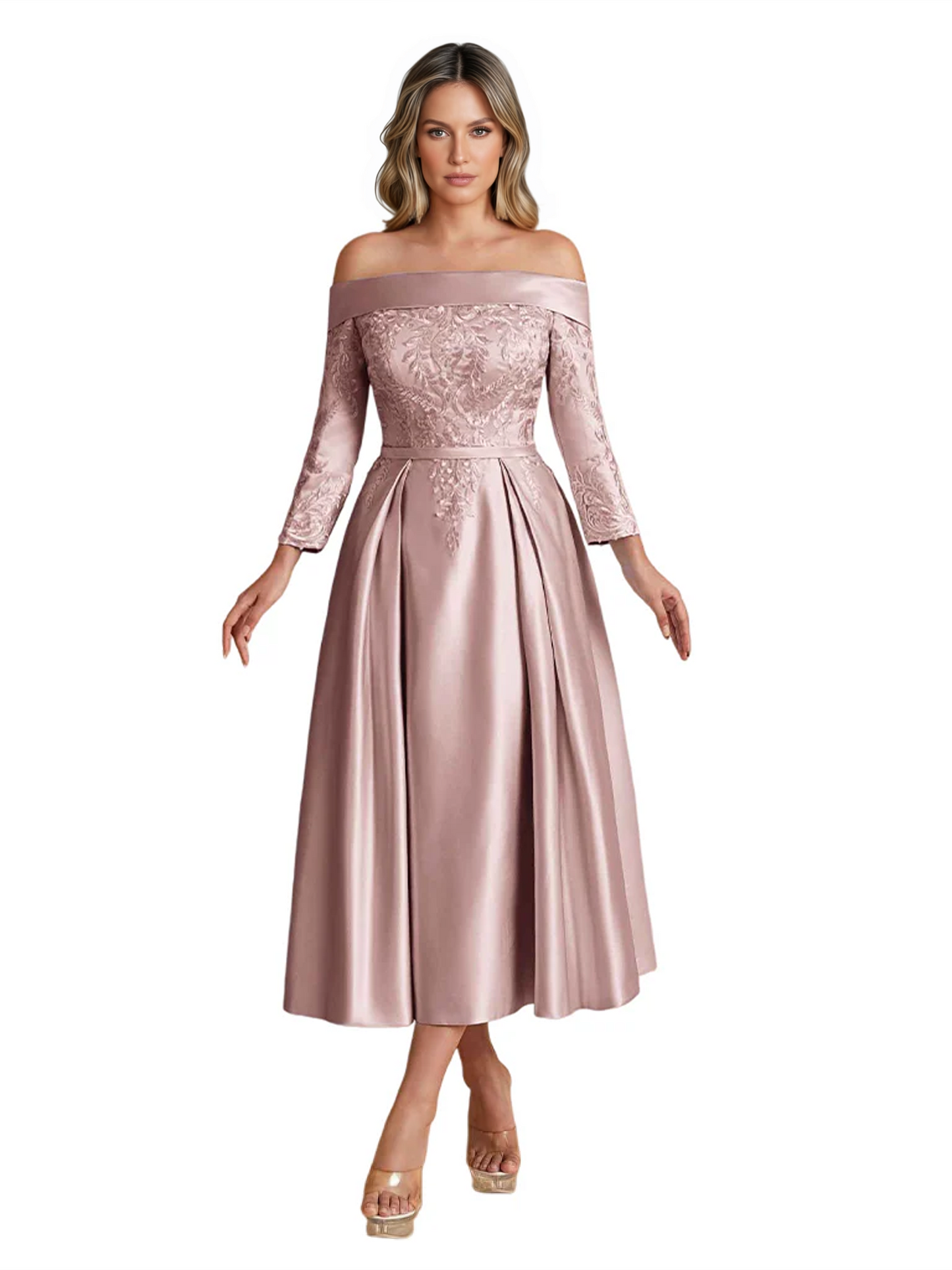 Off Shoulder Mother of the Bride Dress Tea-Length Satin Gown with Lace Applique