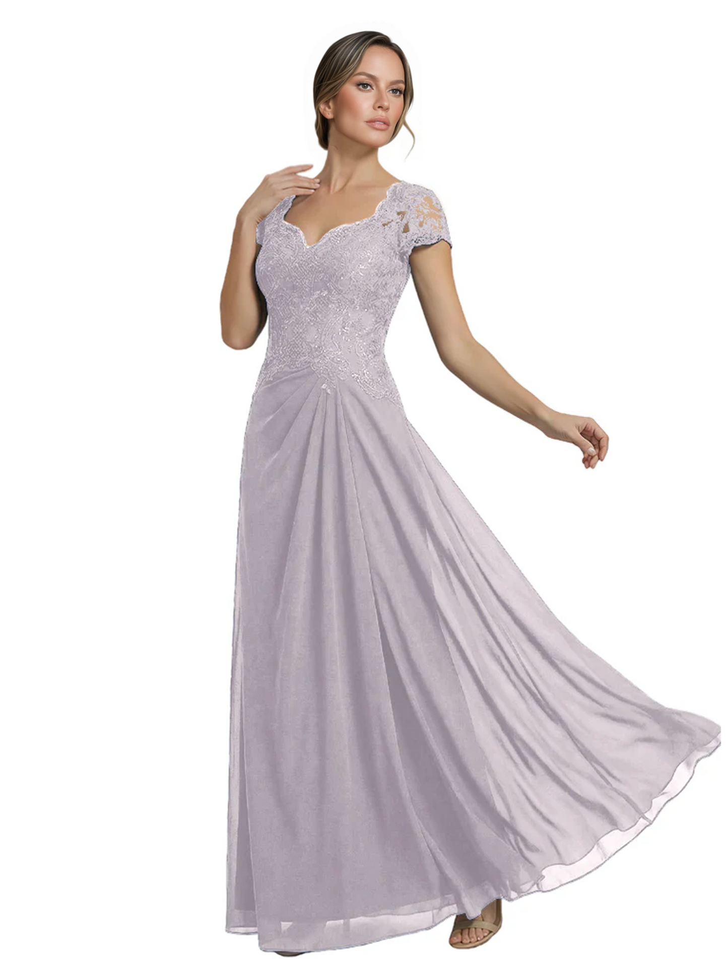 Long A-line Chiffon Short Sleeves Mother of the Brides Dresses Lace Wedding
