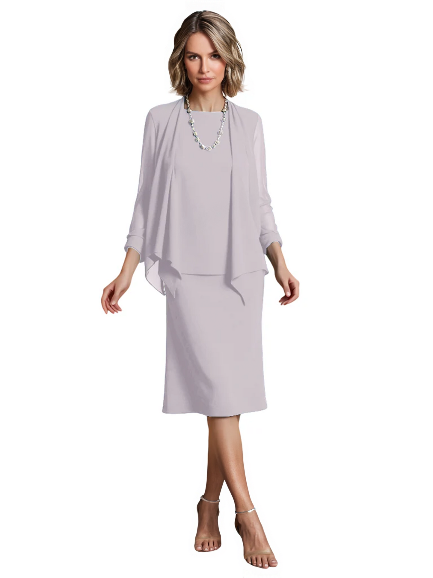 3 PCS Knee-Length Mother of Bride Dresses Prom Dress Evening Dress with Sheer Sleeves and Jacket
