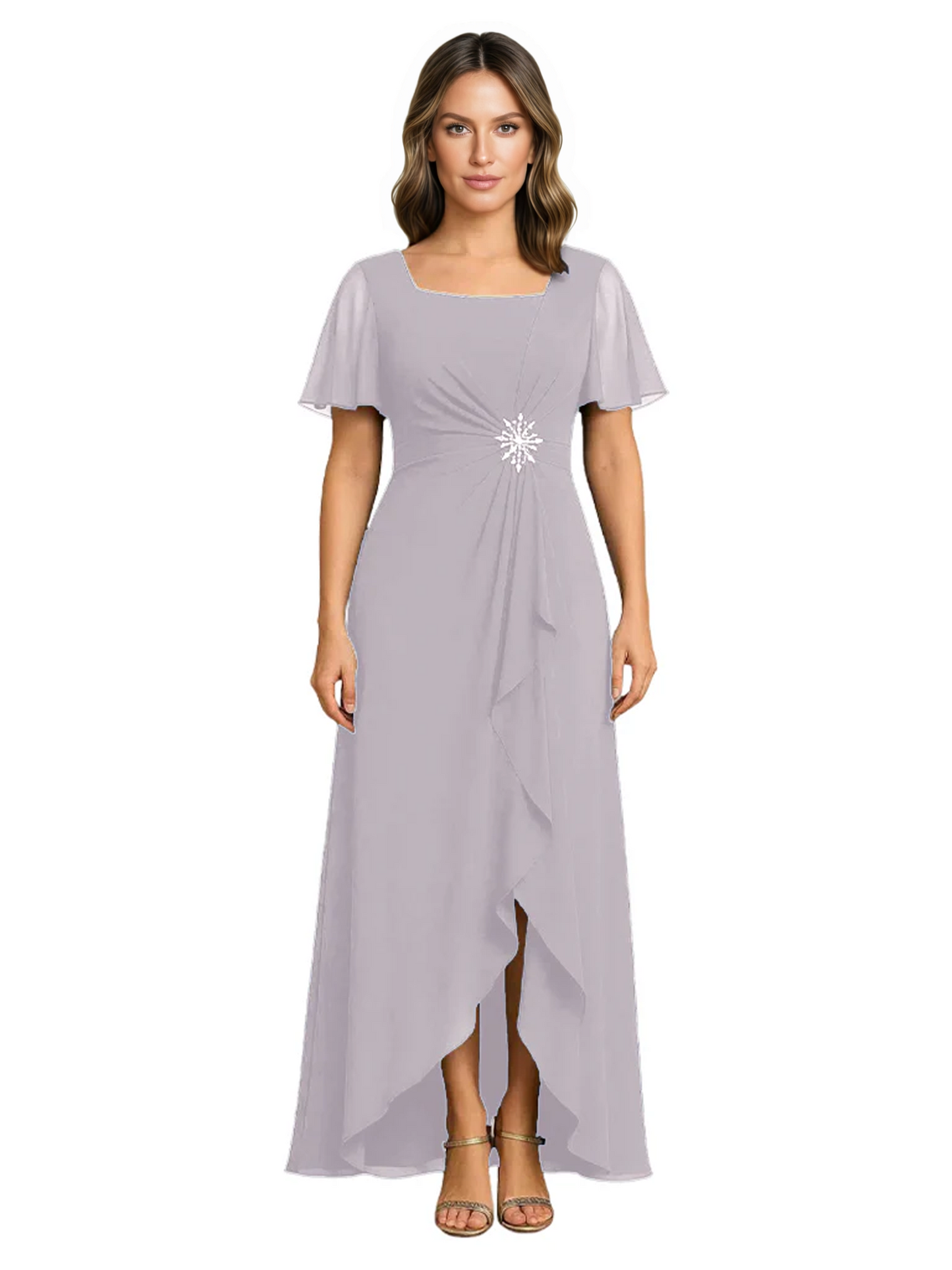 Formal High-Low Mother of the Bride Gown Sleeved Chiffon Maxi Dress Ruched Waist
