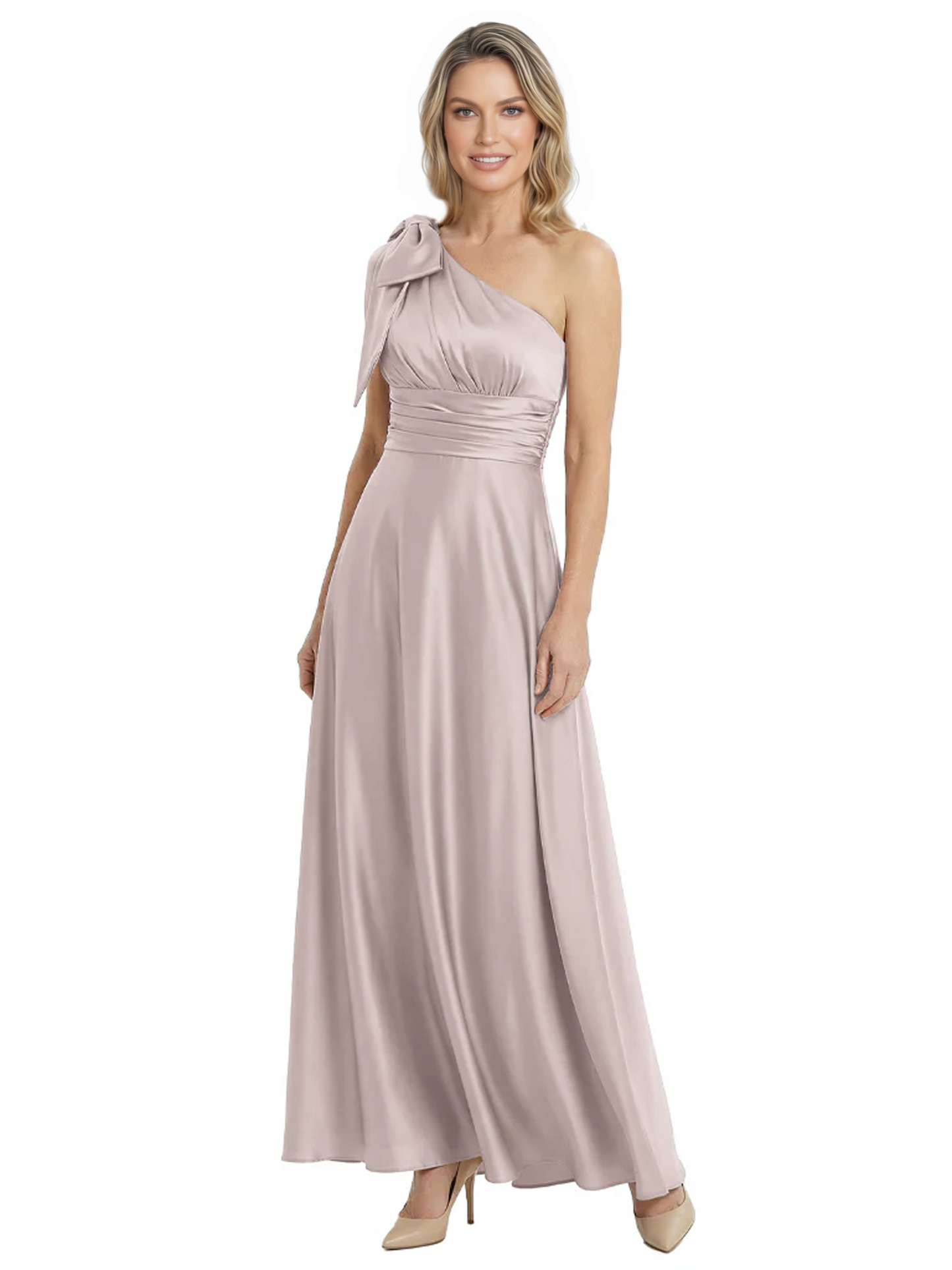 One-Shoulder Mother of the Bride Dress Satin Gown with Bow Ruched Empire Waist