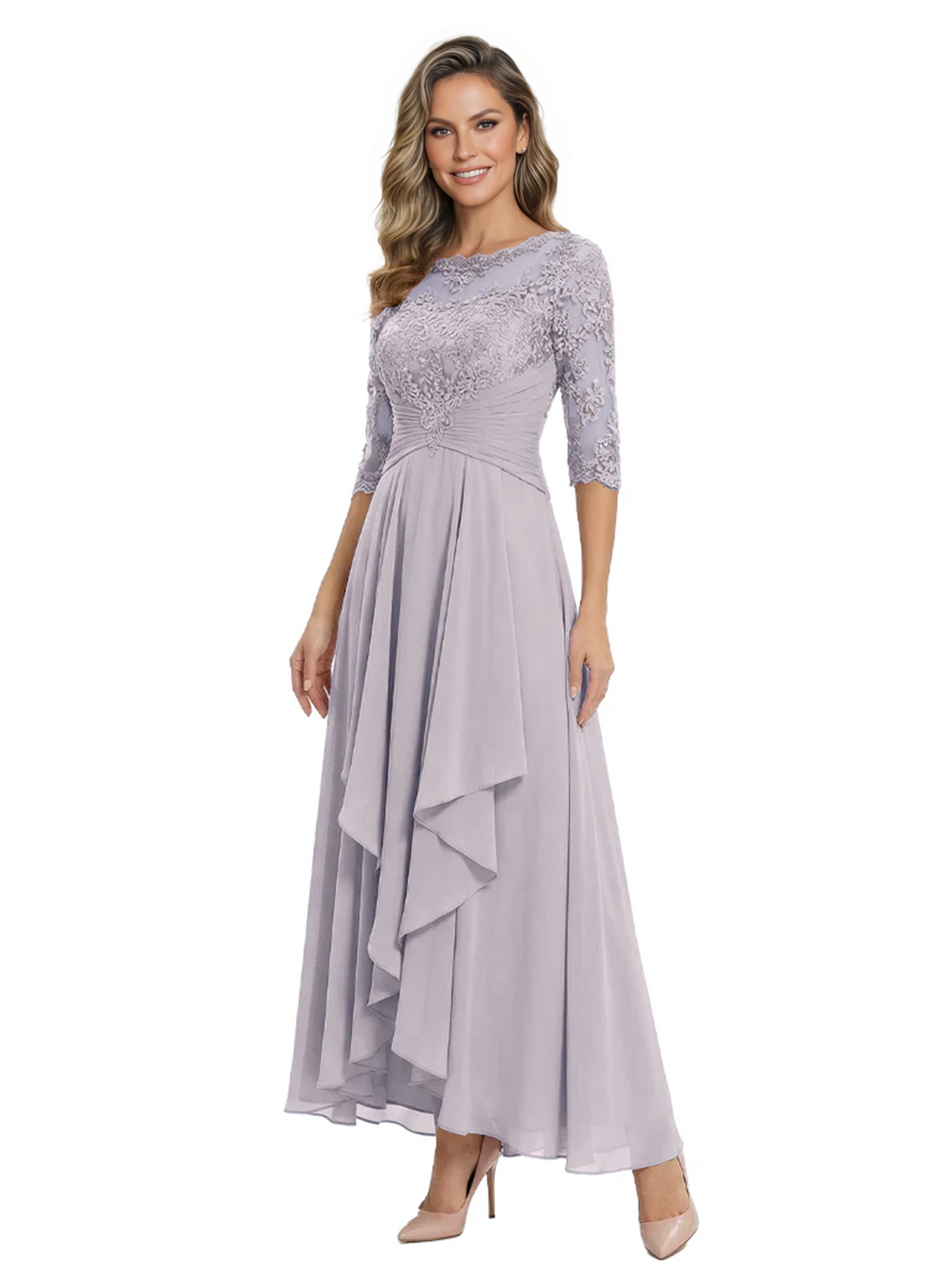 3/4 Sleeve Mother of the Bride Dress with Lace Embroidery High-Low Hem 2026