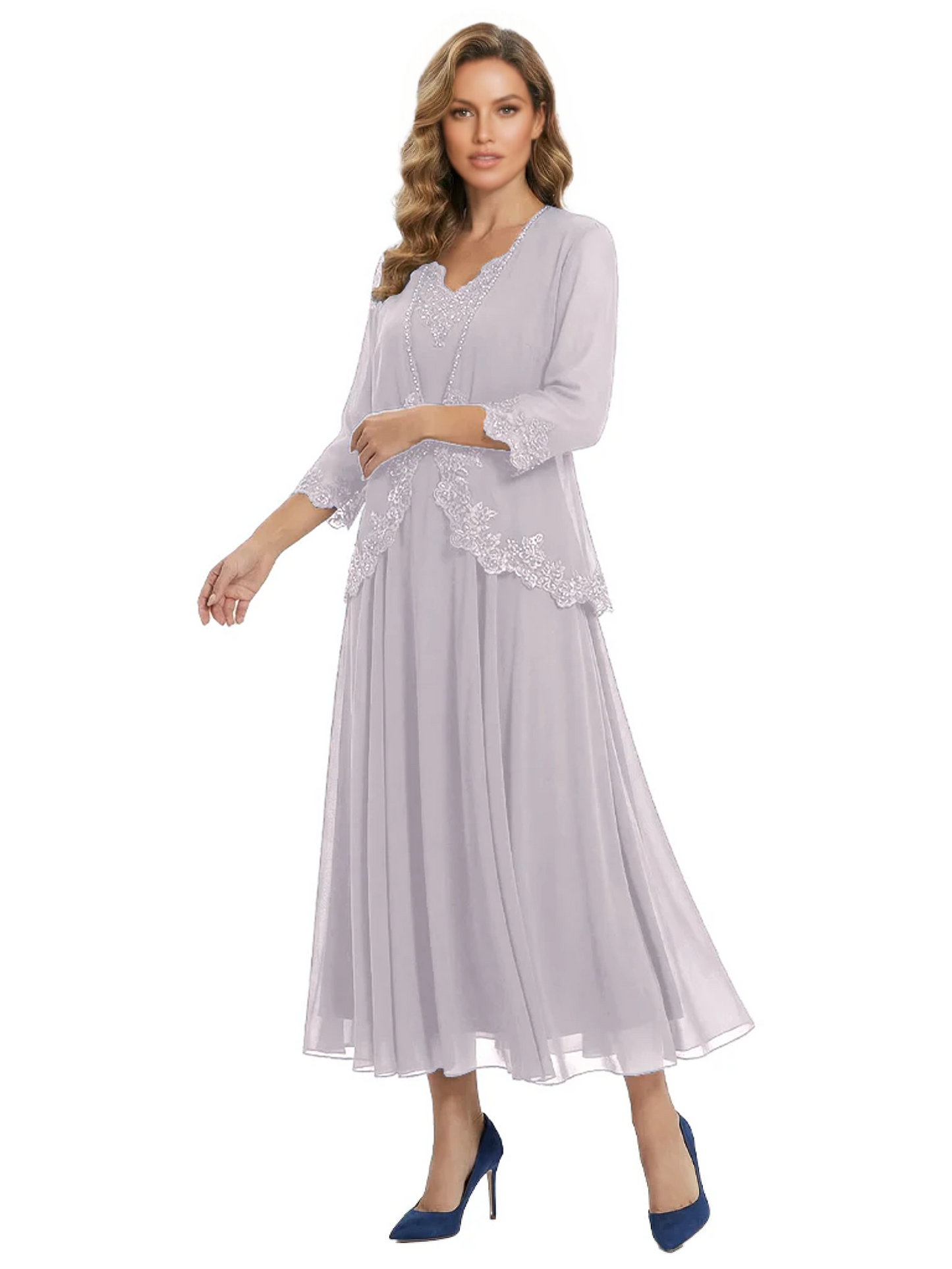 3/4 Sleeve Chiffon Mother of the Brides Dresses V-Neck Wedding Party Gowns