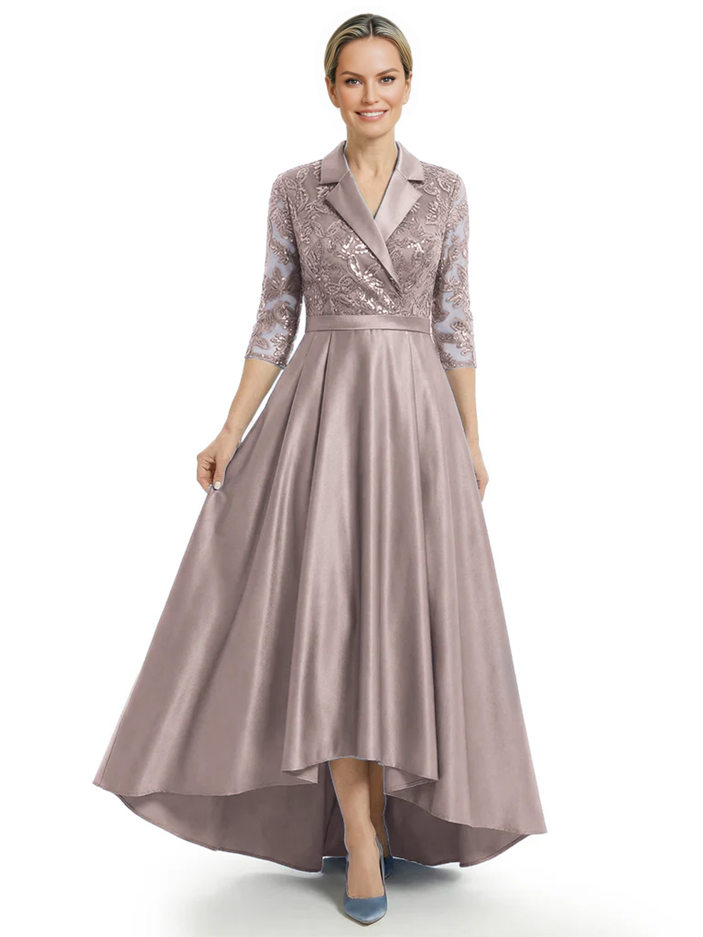 Elegant Mother of Bride Dress Evening Gowns Trending Styles with Lapel Collar 3/4 Sleeves