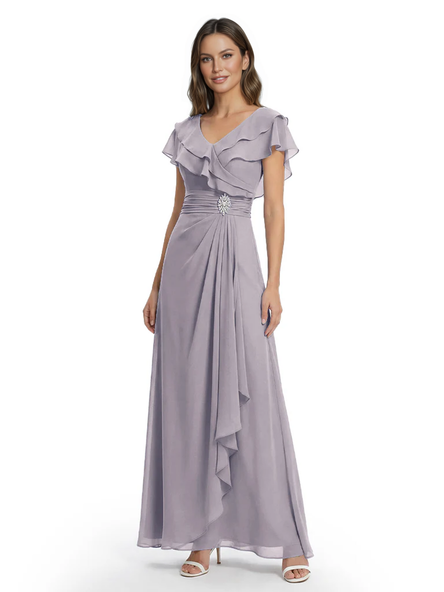 Elegant Mother of the Groom Dress Cascading Ruffle Chiffon Formal Gown Rhinestone
