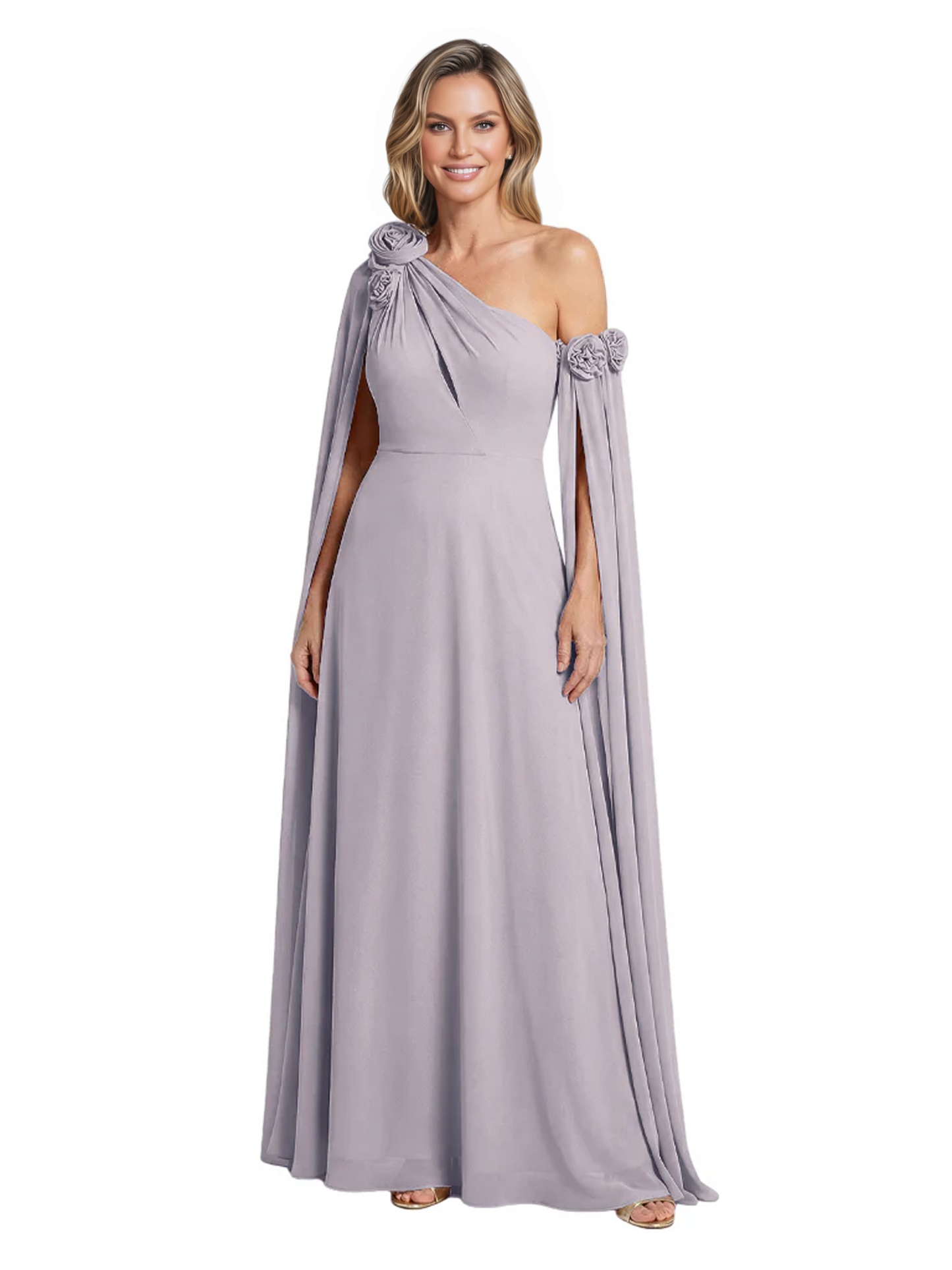 One Shoulder Mother of the Bride Dress Asymmetrical Cape Sleeve Gown with Floral