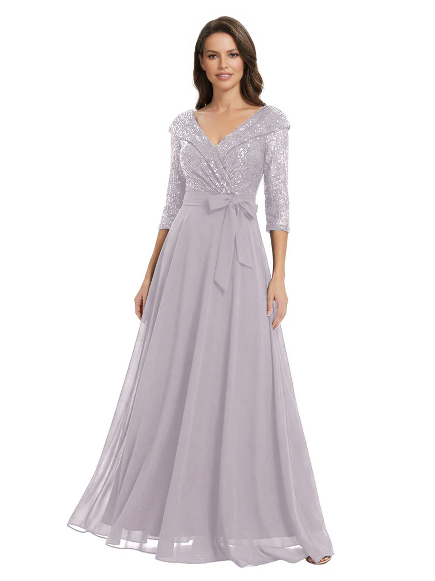 Chiffon Mother of the Bride Dress with Sequin V-Neck and Elegant Bow Sash