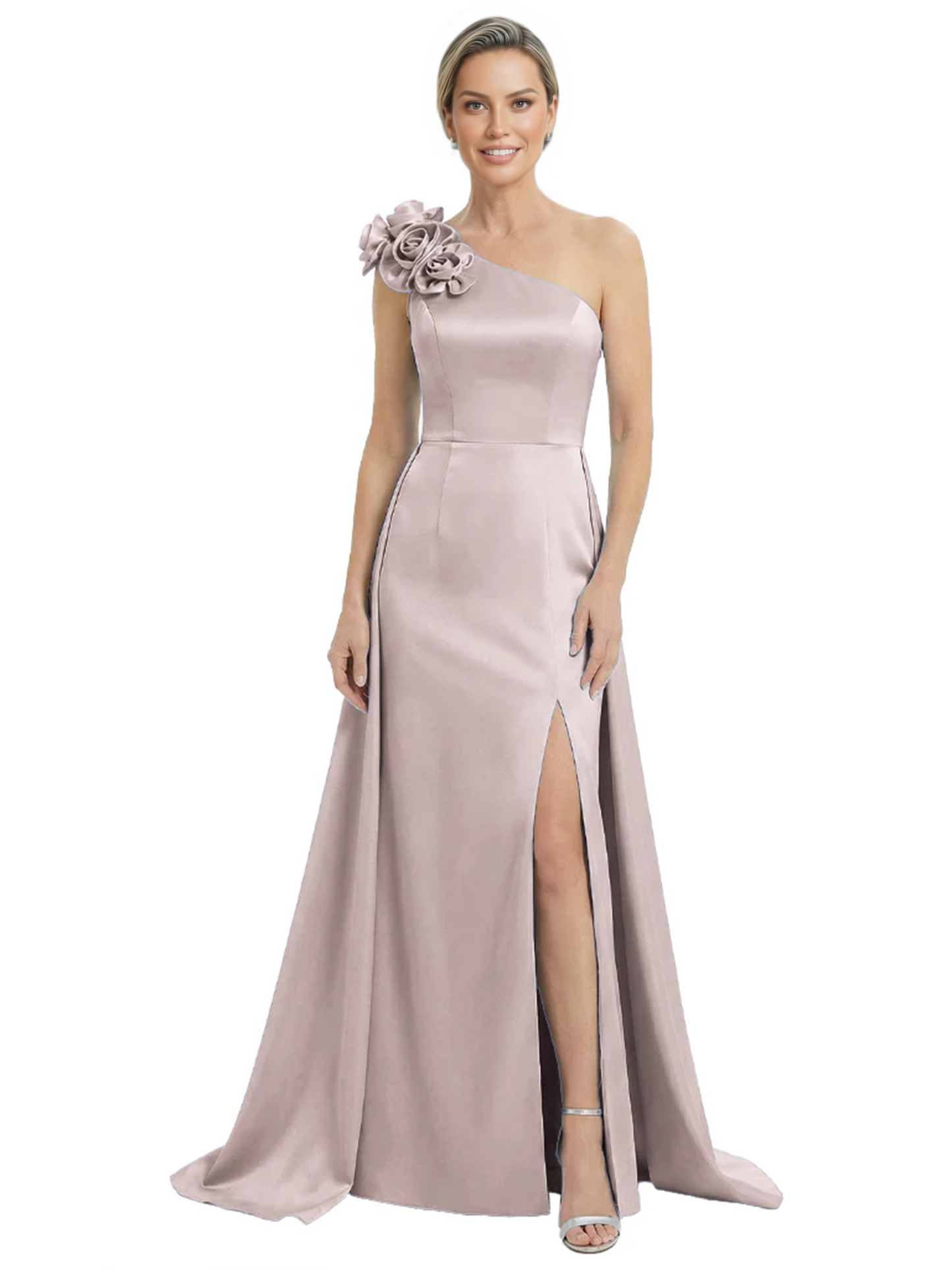 One Shoulder Mother of the Bride Dress with 3D Floral Detail Formal Dress A-Line Gowns with Slit