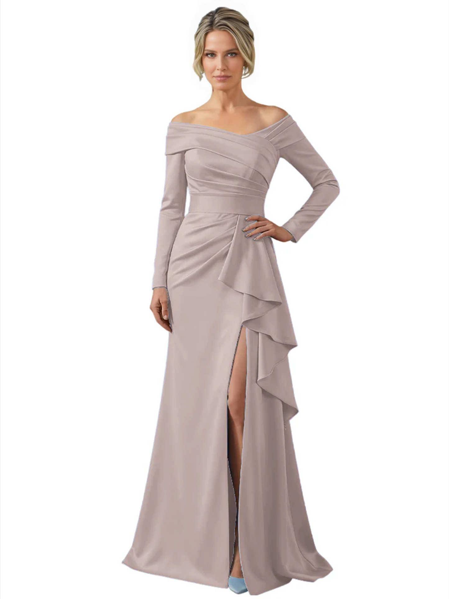 Elegant Mother of the Groom Dress Cascading Ruffle Satin Gown with High Slit Long Sleeves