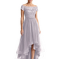 Formal High-Low Mother of the Bride Gown Short Sleeve Lace Maxi Dress with Tiered Skirt