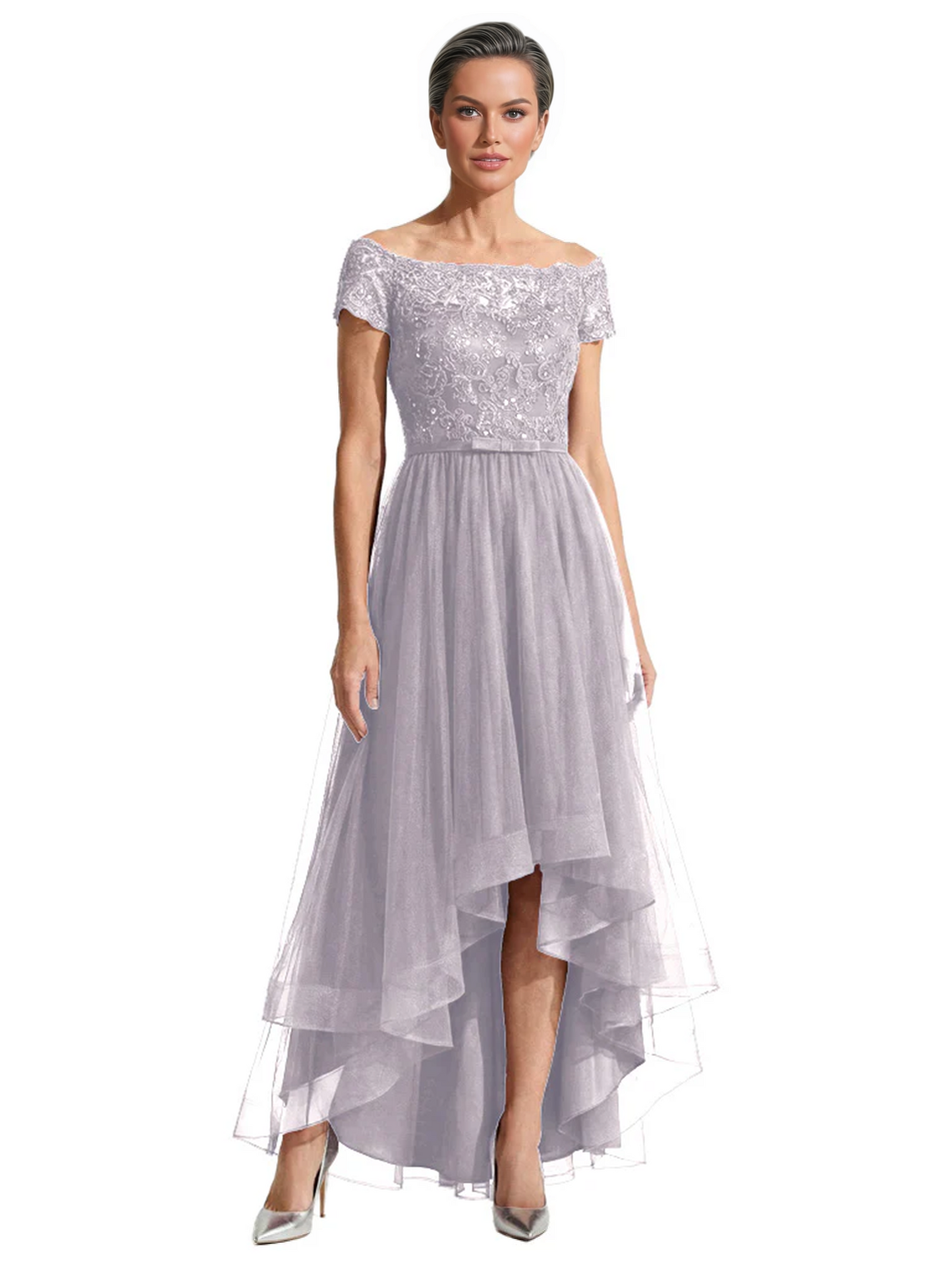 Formal High-Low Mother of the Bride Gown Short Sleeve Lace Maxi Dress with Tiered Skirt