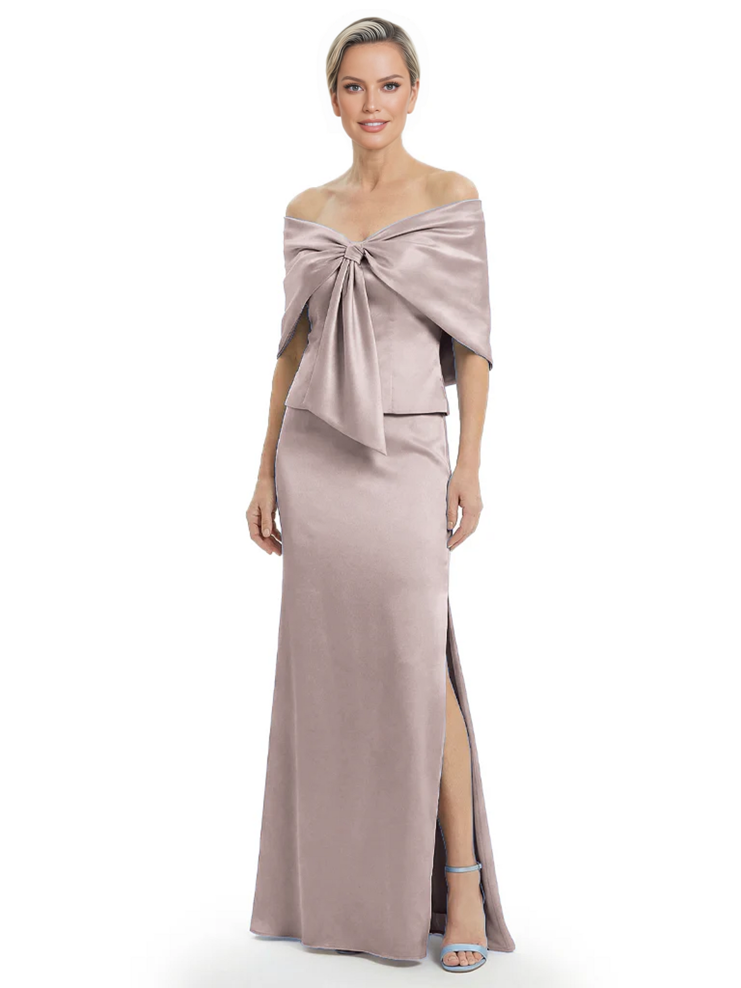 Formal Floor-Length Mother of the Bride Gown Satin Maxi Dress with Bow Neckline