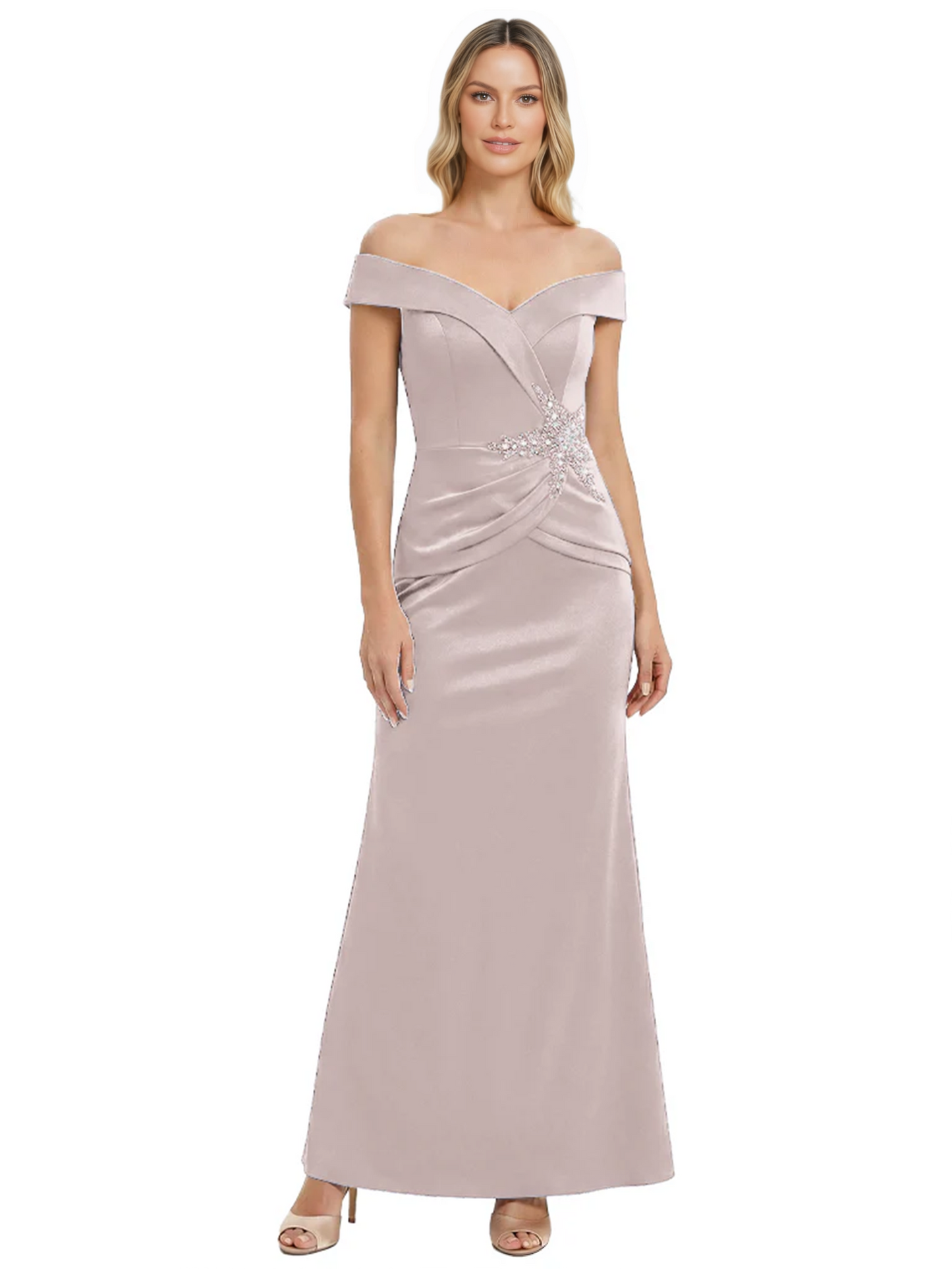 Off Shoulder Mother of the Bride Dress Beaded Waist Satin Gown Portrait Neckline