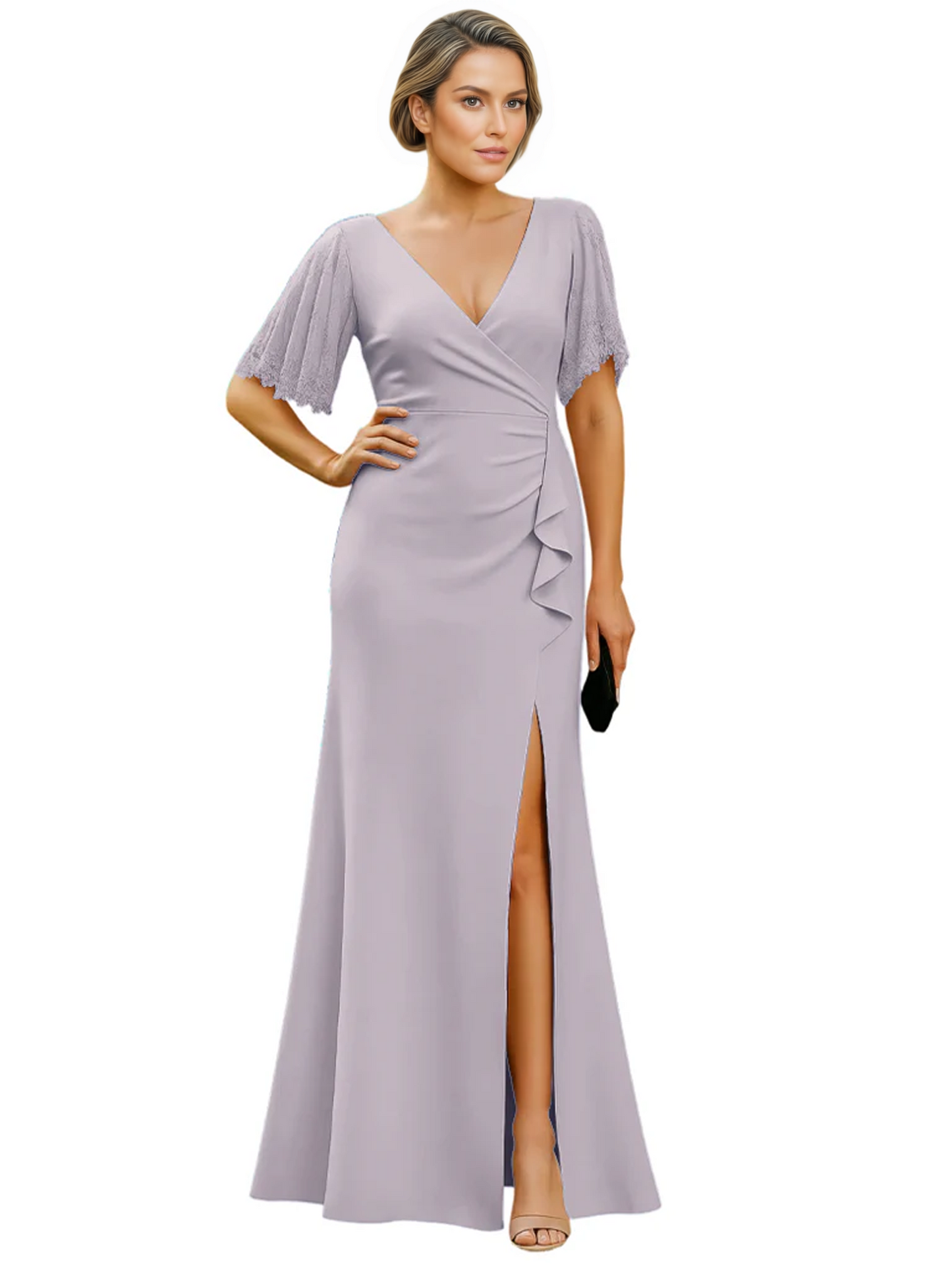 Elegant Evening Gown Trending V-Neck & Ruffle Detail Mother of Bride Outfits Slit