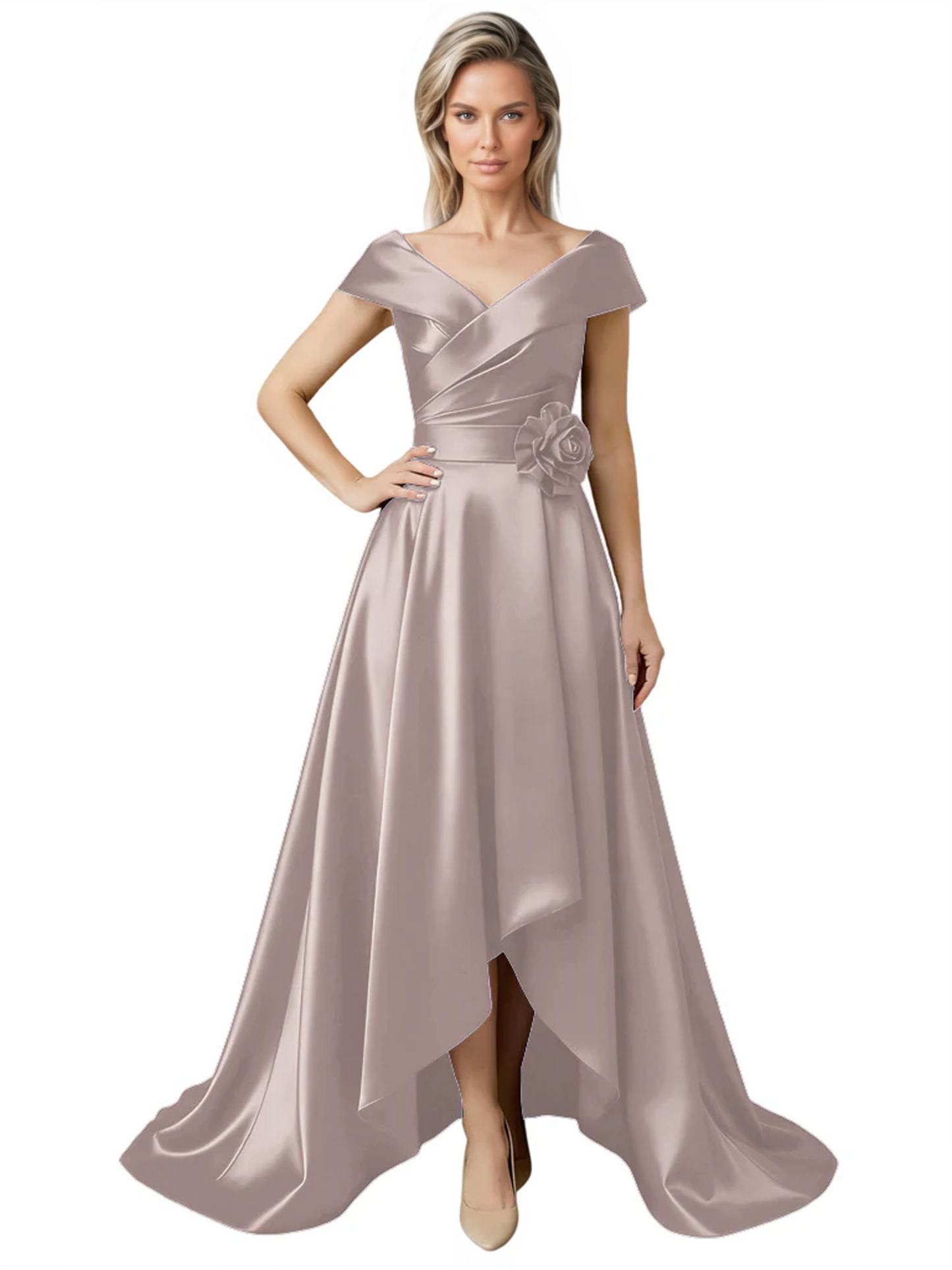 Off Shoulder Mother of the Bride Dress High-Low Satin Gown with Portrait Neckline