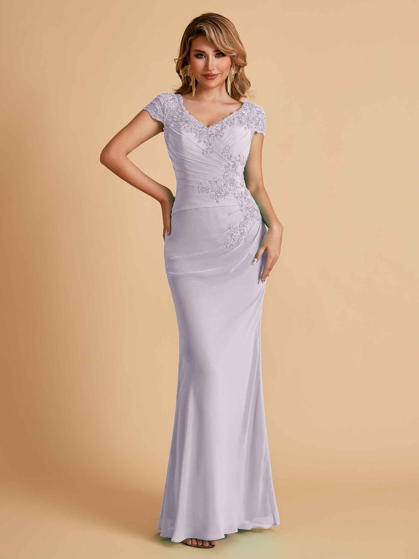 Elegant Mermaid Chiffon Cap Sleeves V-Neck Mother of the Brides Dresses Online
