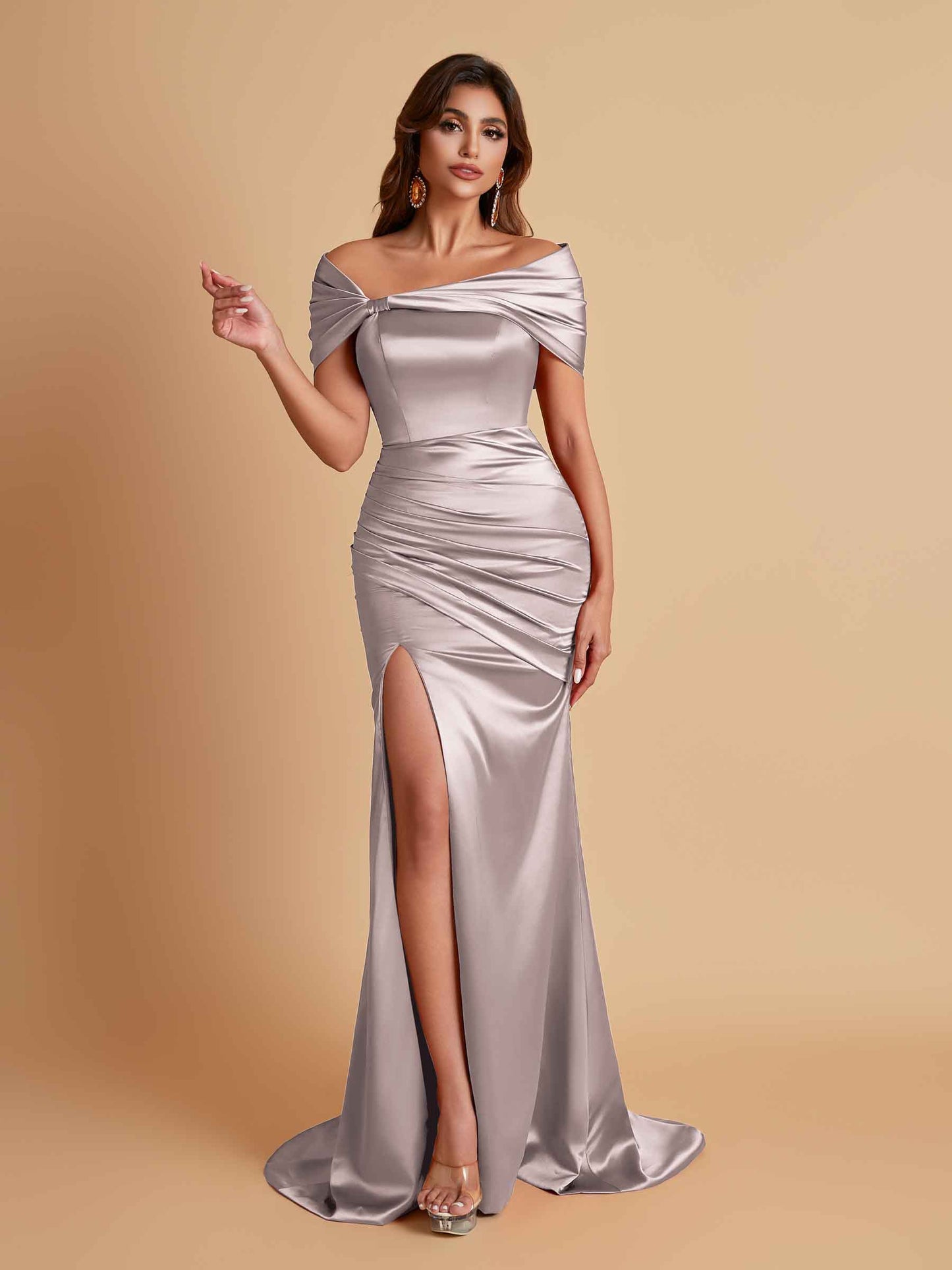 Elegant Soft Satin Off-the-shoulder Side-Slit Mermaid Bridesmaid Dresses