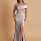 Elegant Soft Satin Mermaid Off Shoulder Asymmetrical Side Slit Floor-Length Bridesmaid Dresses