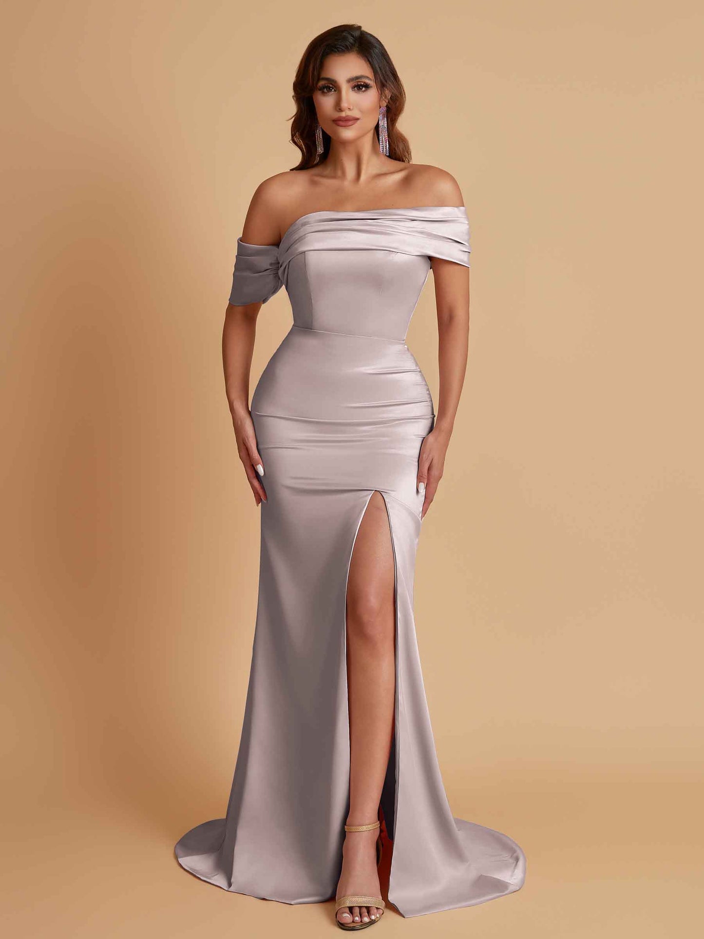 Elegant Soft Satin Mermaid Off Shoulder Asymmetrical Side Slit Floor-Length Bridesmaid Dresses