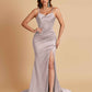Sexy Spaghetti Straps V Neck Soft Satin Side Slit Floor-Length Mermaid Bridesmaid Dresses