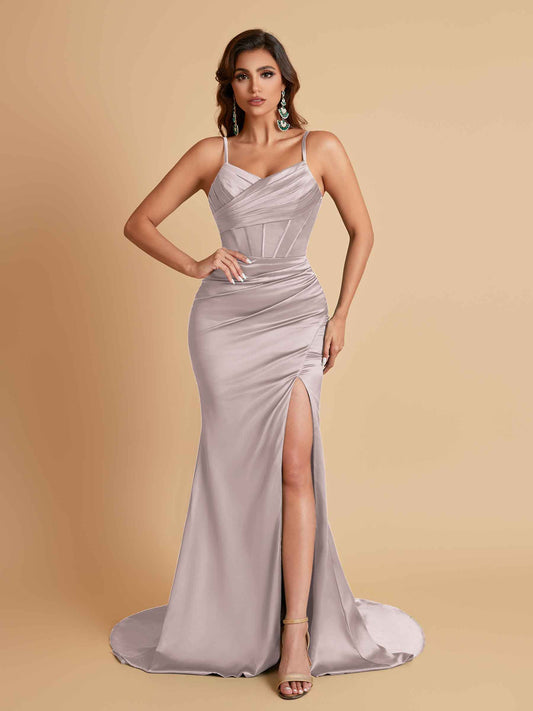 Sexy Spaghetti Straps V Neck Soft Satin Side Slit Floor-Length Mermaid Bridesmaid Dresses