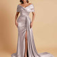 Elegant Soft Satin V-neck Off-the-Shoulder Side-Slit Mermaid Bridesmaid Dresses