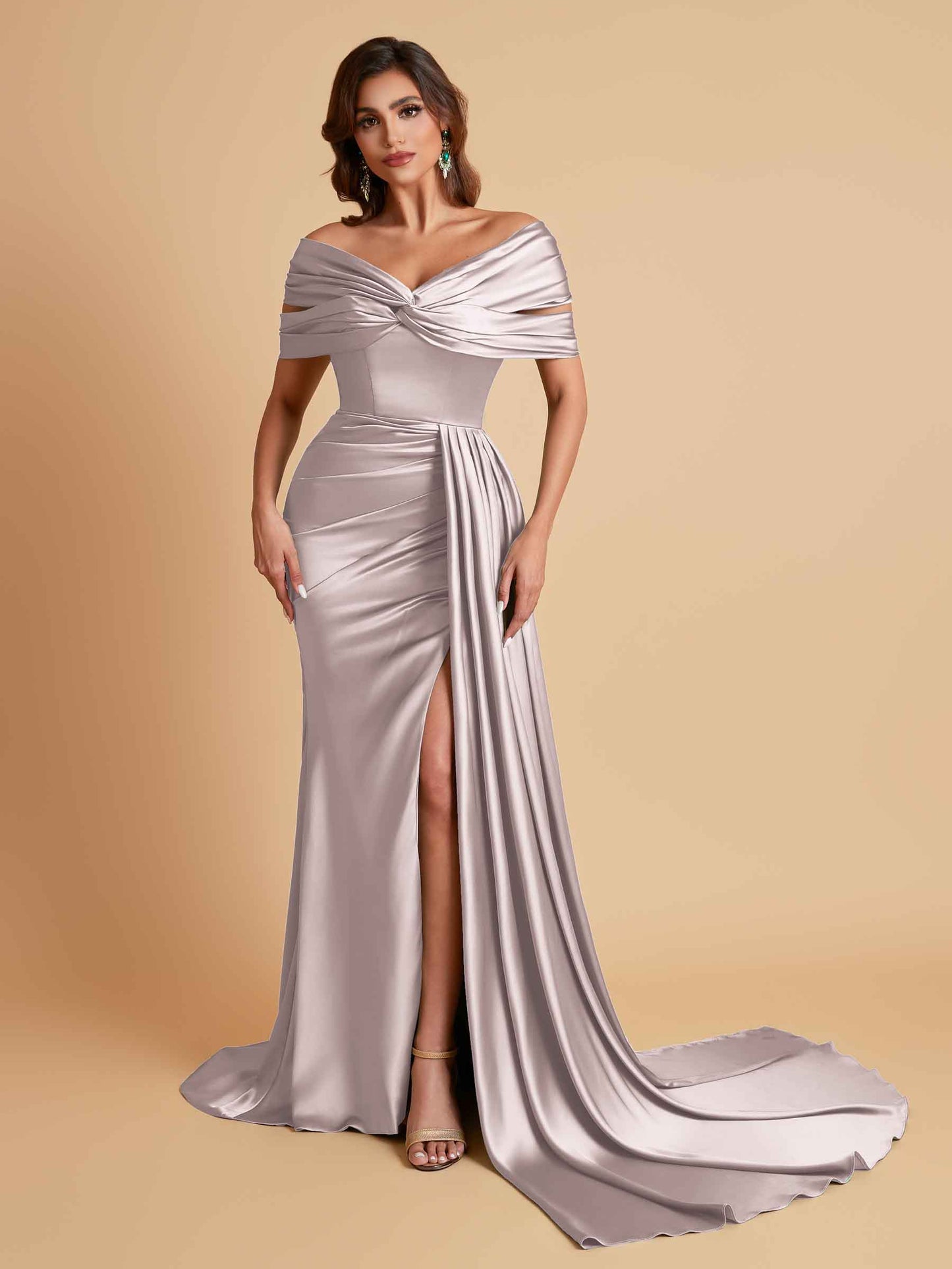 Elegant Soft Satin V-neck Off-the-Shoulder Side-Slit Mermaid Bridesmaid Dresses