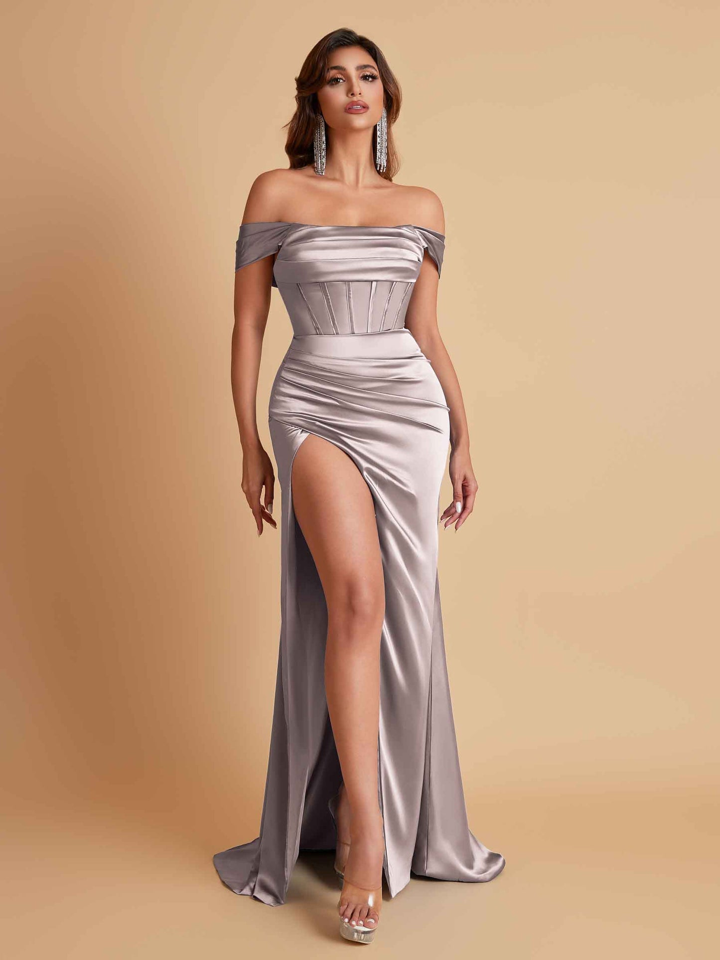Sexy Off the Shoulder Soft Satin Side Slit Floor-Length Mermaid Bridesmaid Dresses