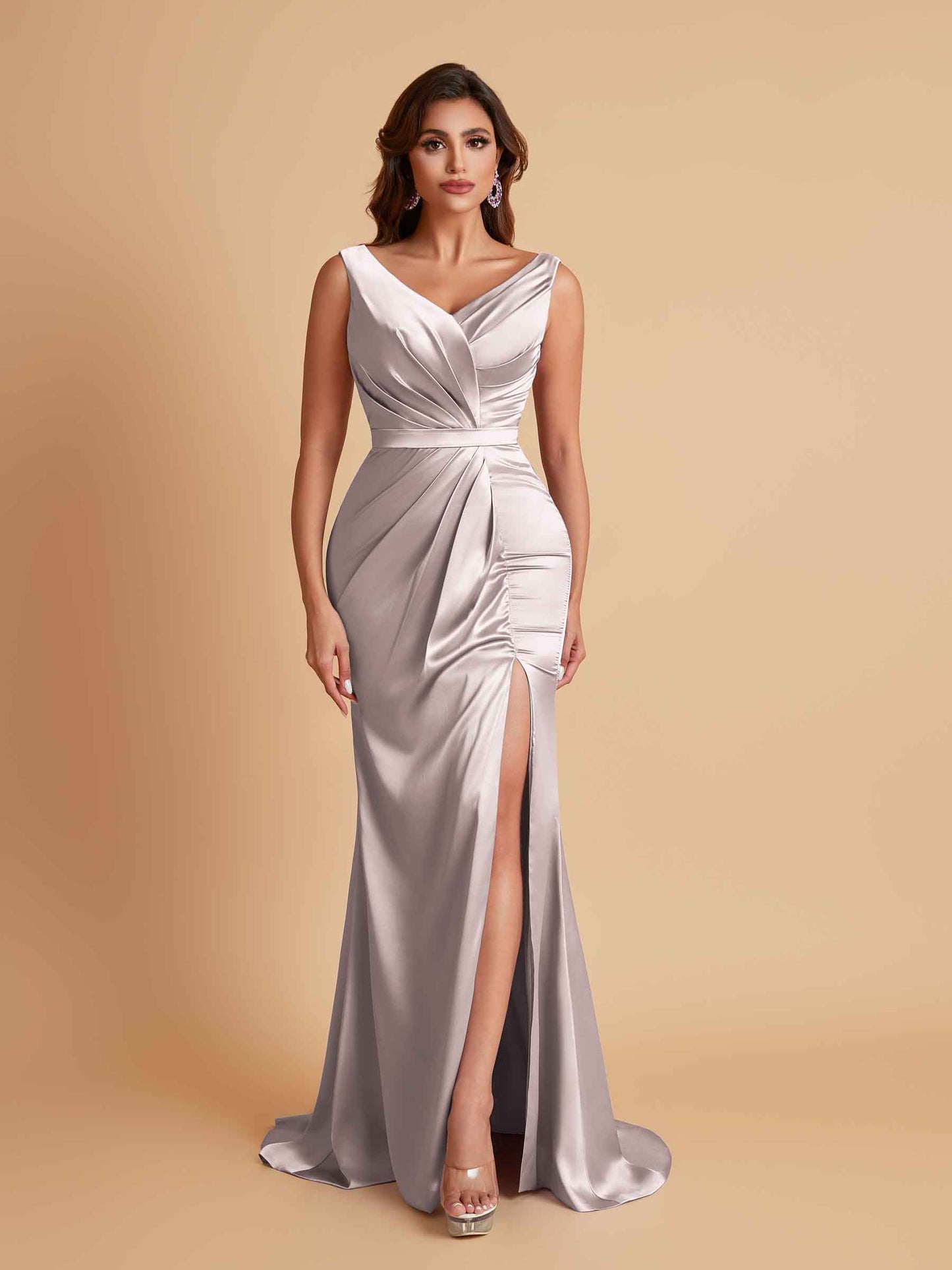 Elegant V Neck Soft Satin Side Slit Floor-Length Mermaid Bridesmaid Dresses