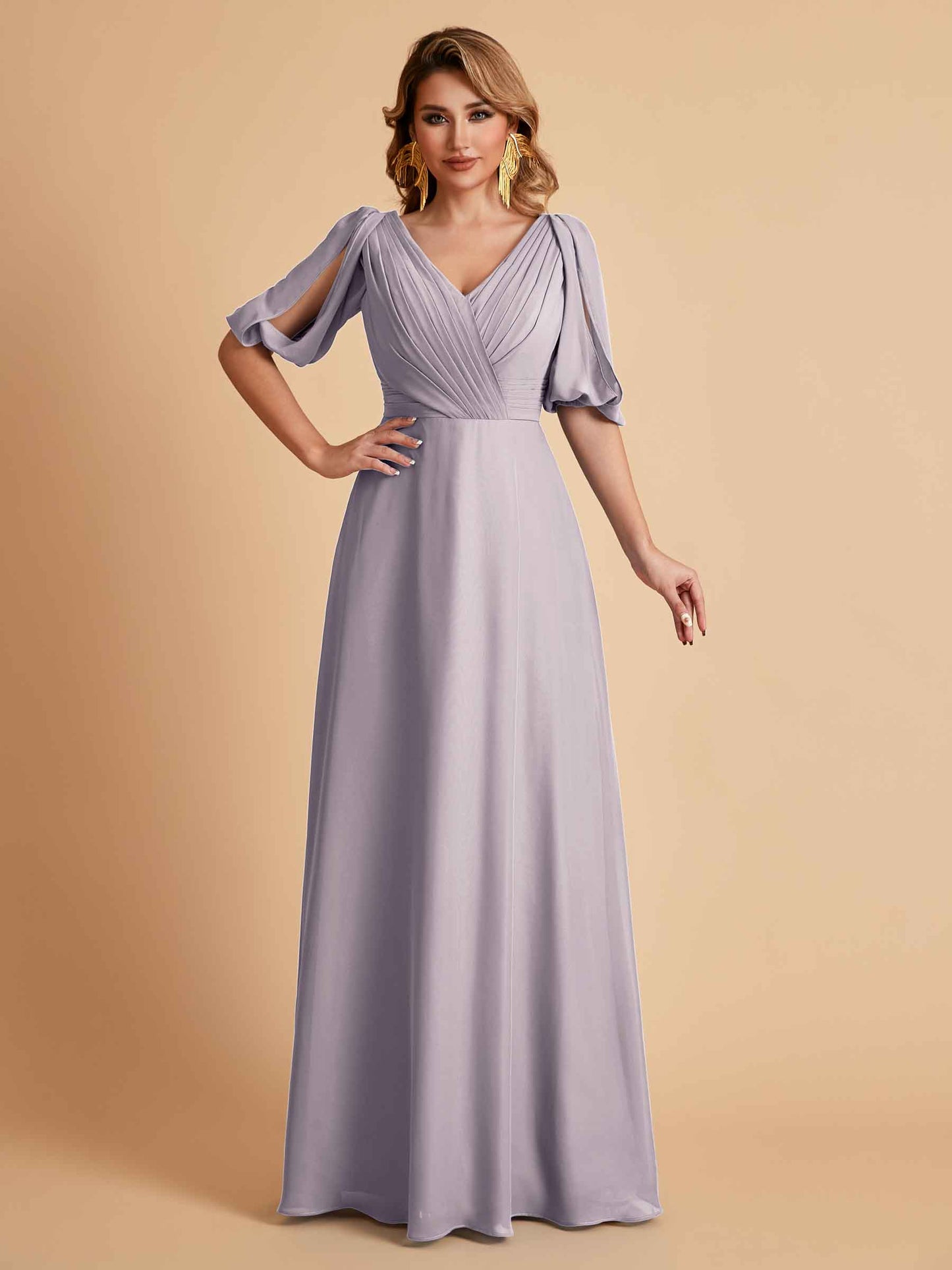 Elegant A-Line Chiffon Half Sleeves V-Neck Mother of the Brides Dresses Online