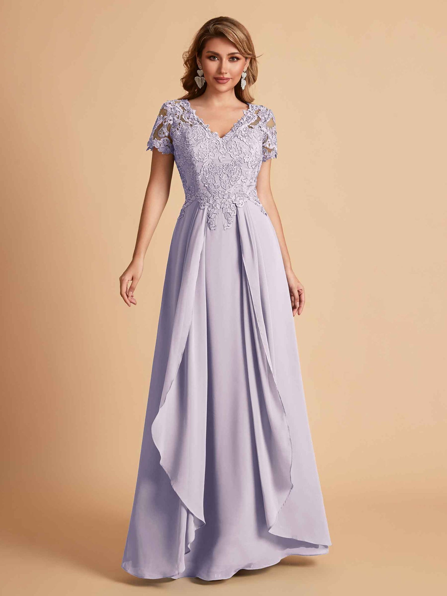 Elegant A-Line Chiffon Short Sleeves V-neck Mother of the Brides Dresses Lace Top MOB Dresses