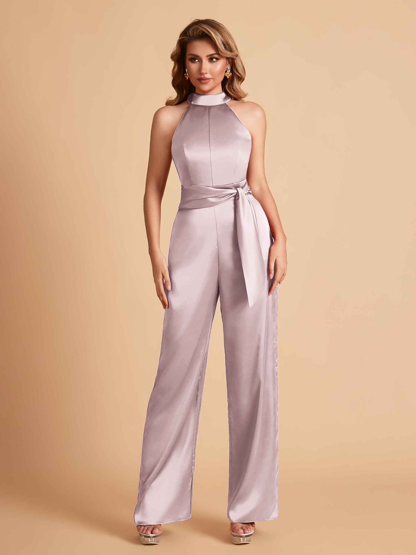 Elegant Satin Halter Sleeveless Satin Floor Length Bridesmaid Jumpsuit