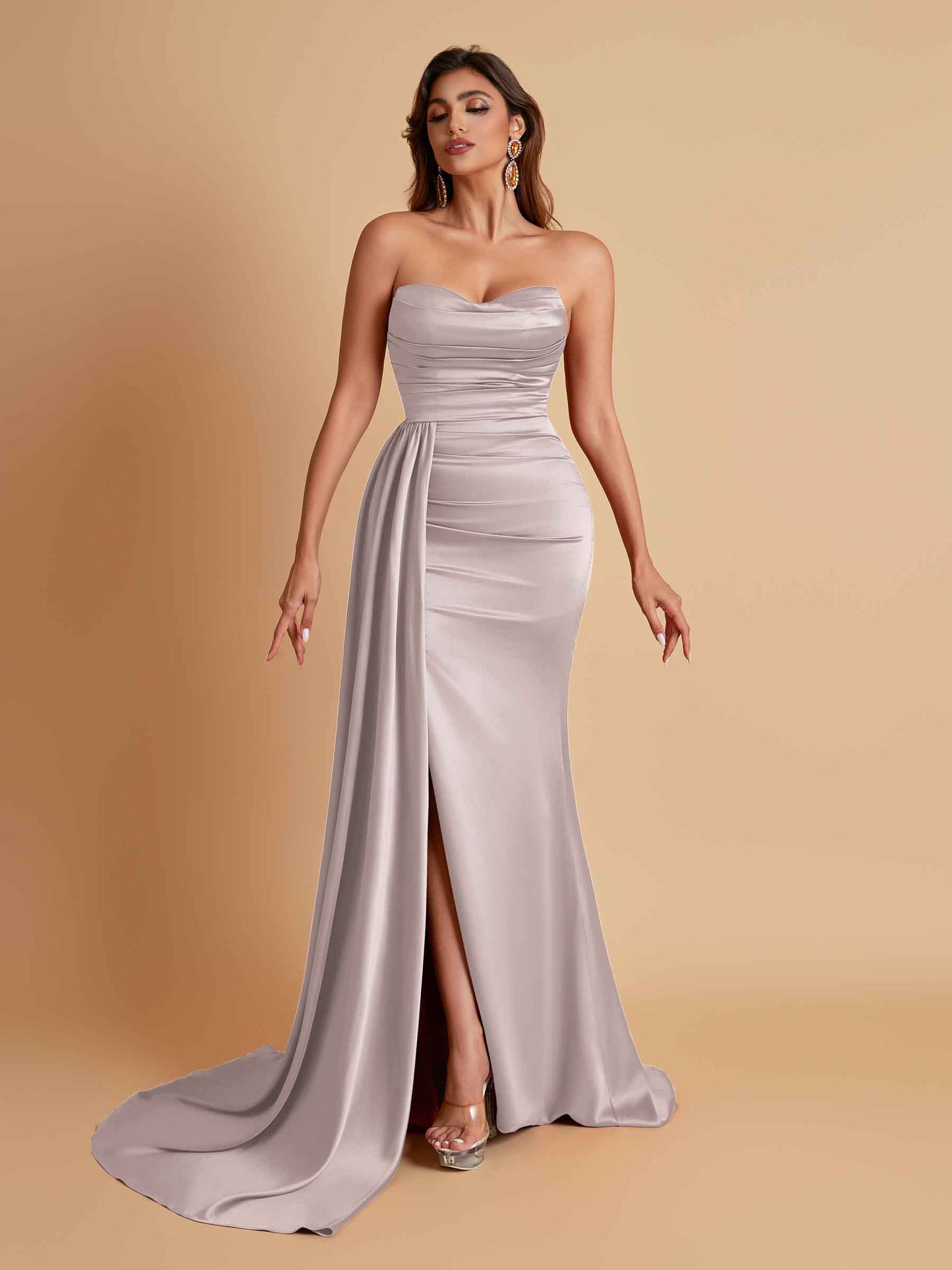 Elegant Soft Satin Sweetheart Strapless Side-Slit Mermaid Bridesmaid Dresses