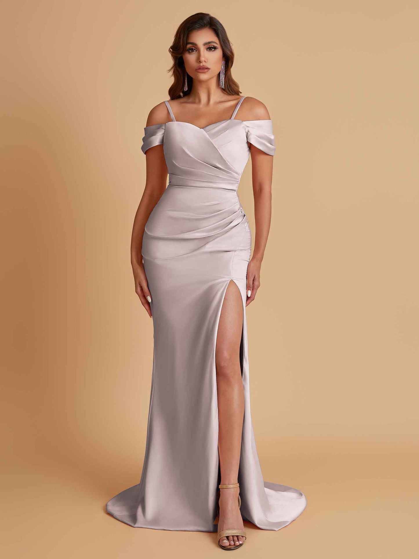 Sexy Soft Satin Mermaid Cold Shoulder Side Slit Floor-Length Bridesmaid Dresses Online