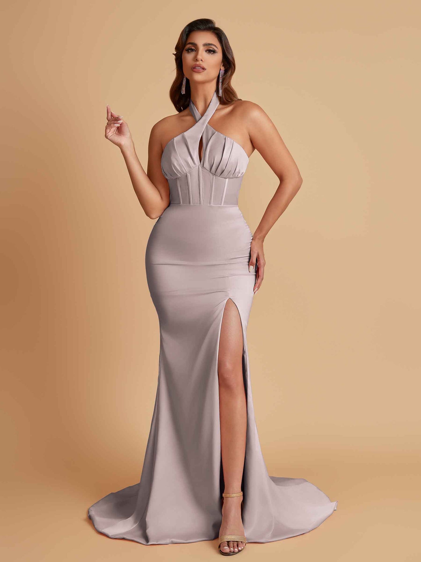 Elegant Soft Satin Mermaid Halter Side Slit Floor-Length Bridesmaid Dresses Online
