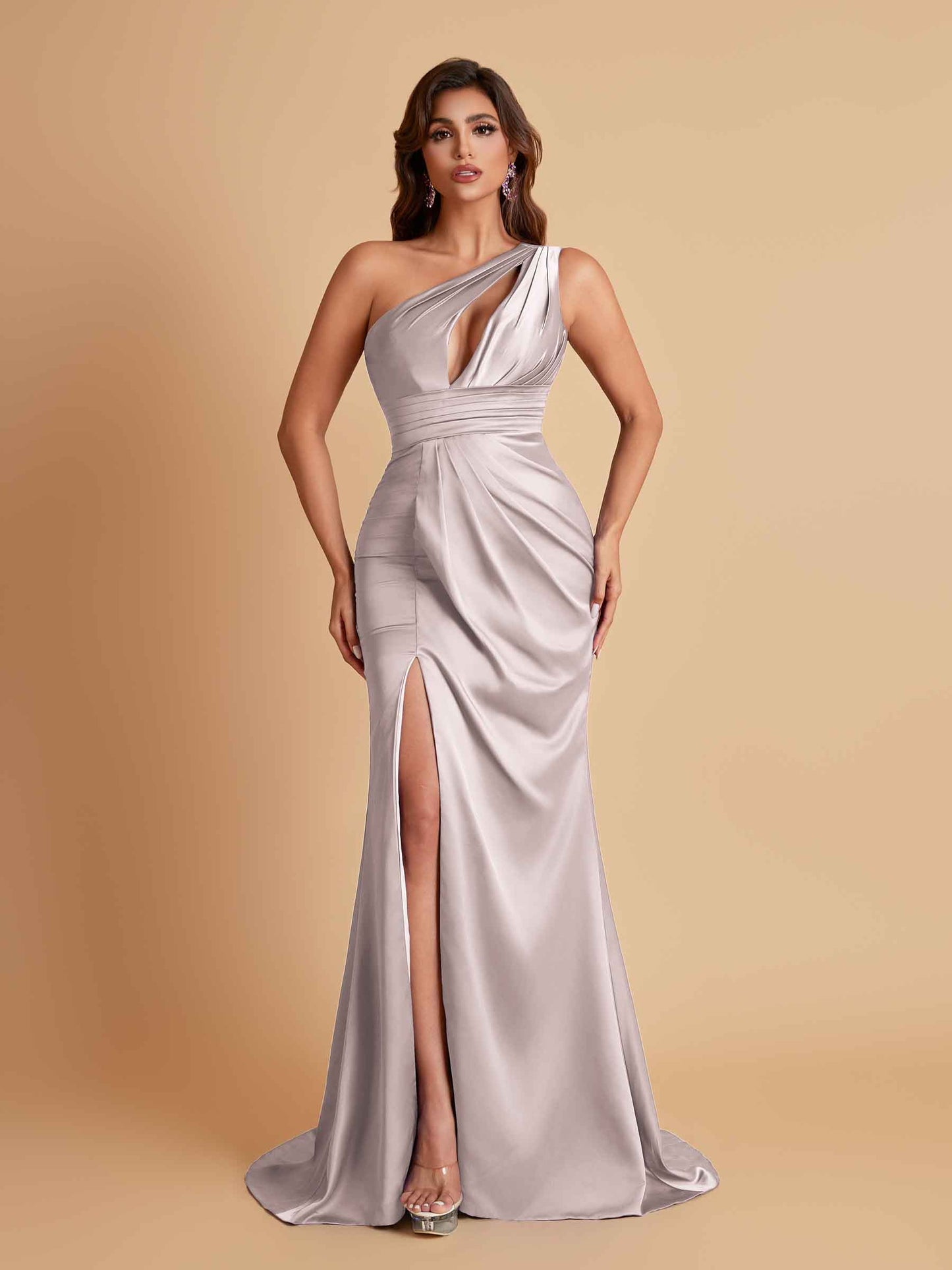Sexy One Shoulder Soft Satin Side Slit Floor-Length Mermaid Bridesmaid Dresses