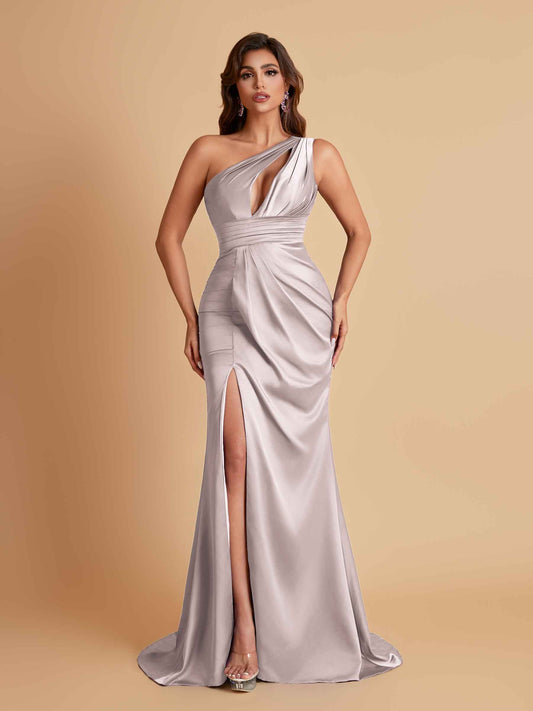 Sexy One Shoulder Soft Satin Side Slit Floor-Length Mermaid Bridesmaid Dresses
