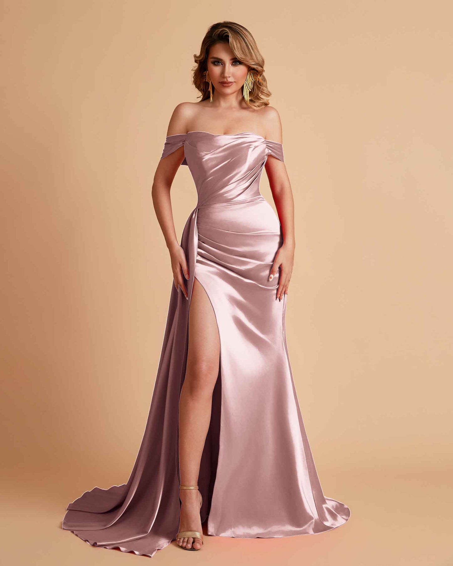 Satin Mermaid Off Shoulder Bridesmaid Dresses Sweetheart Floor Length with Train