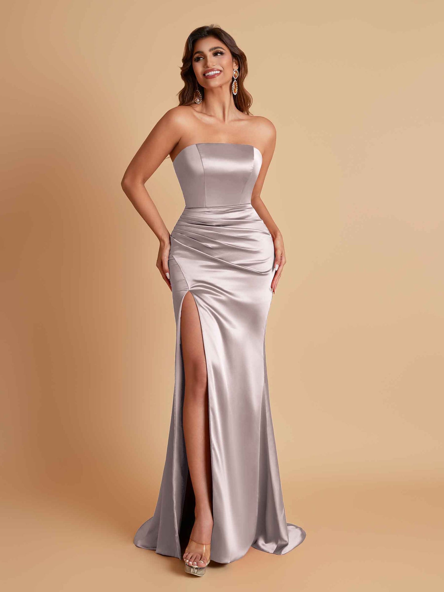 Elegant Soft Satin Strapless Split Side Mermaid Bridesmaid Dresses