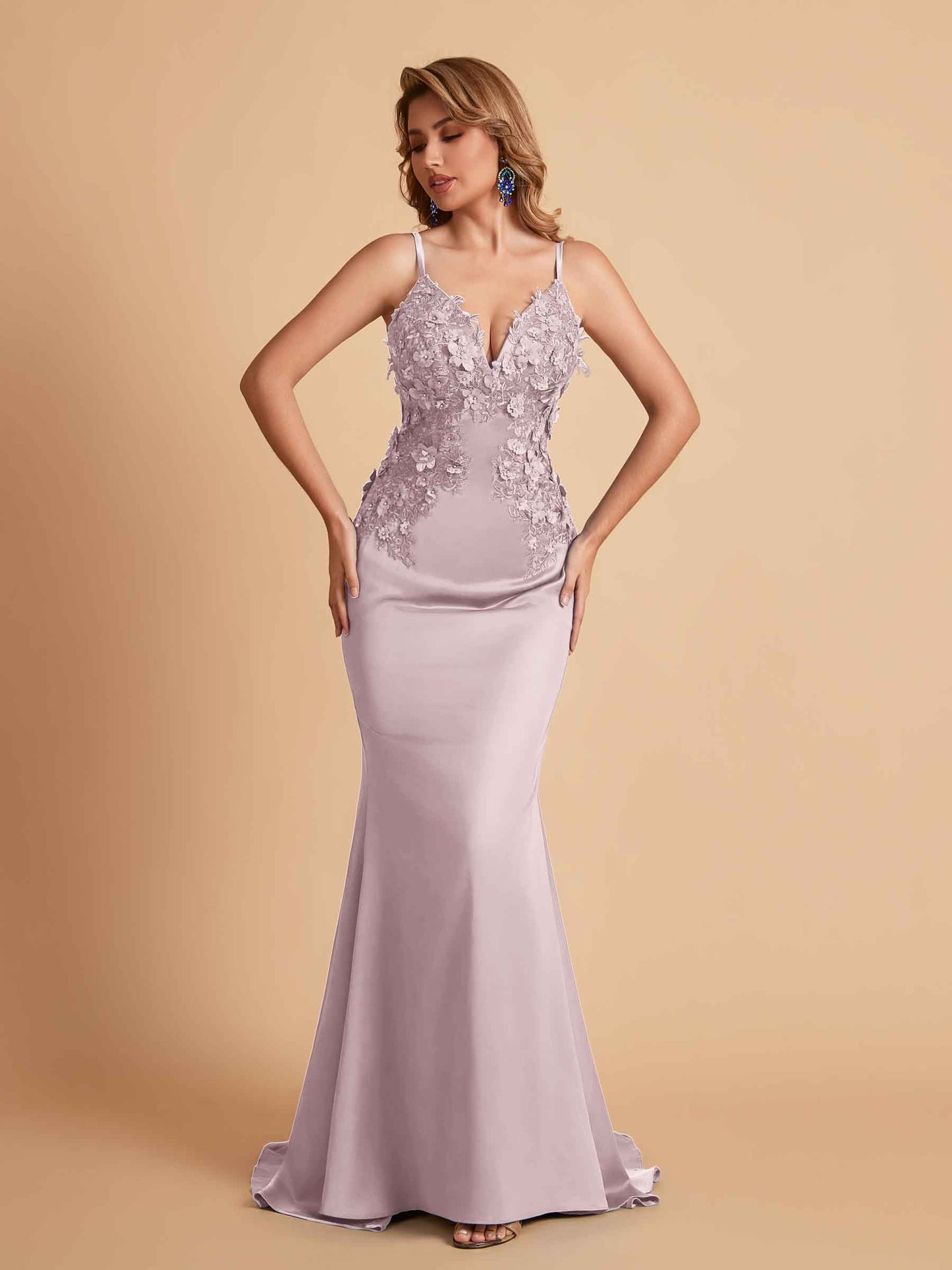 Sexy Satin Spaghetti Straps V-neck Mermaid Floor Length Applique Bridesmaid Dresses